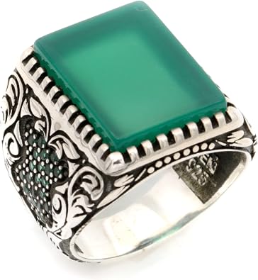 Turkish Men Ring, Green Agate Aqeeq Stone, Pure 925 Sterling Silver Modern Jewelry, Personalized Anniversary Gift For Boyfriend