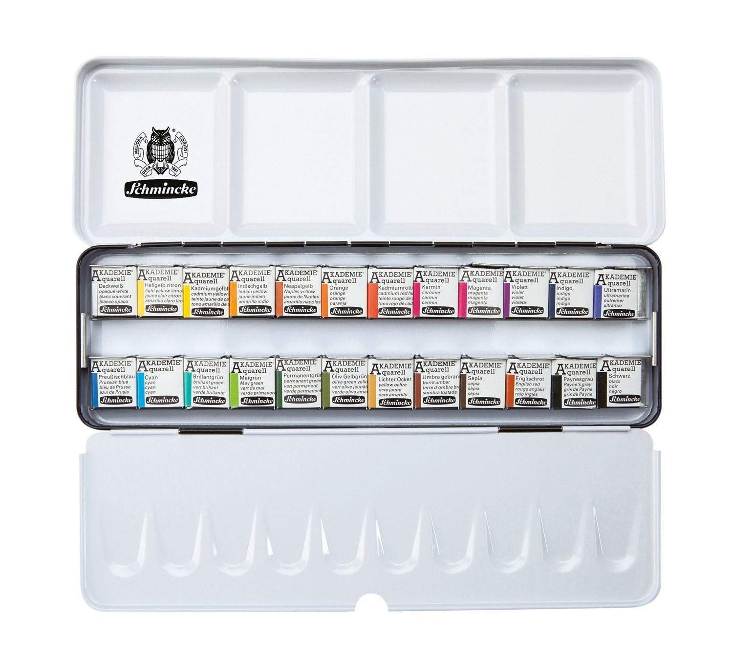 Schmincke Aquarellfarbe, Akademie Aquarell Malkasten, Metallkasten, 24 x 1/2 und Da Vinci XS Synthetic Brush Voyage Näpfchen Made in Germany