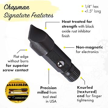 Chapman MFG 9600 Starter Slotted Screwdriver Set - 20 Pieces - Includes 14 Slotted Head Insert Bits, 2 Phillips, Mini Ratchet, Screwdriver Handle, Extension + Open Slots, USA Made (Yellow Case)