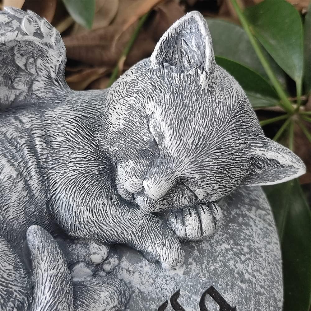 Angel Cat Memorial Garden Statue Stones Grave Markers with a Cat Statue Sleeps on The Heart-Shaped Stone -Sympathy Pet Memorial Loss Gifts
