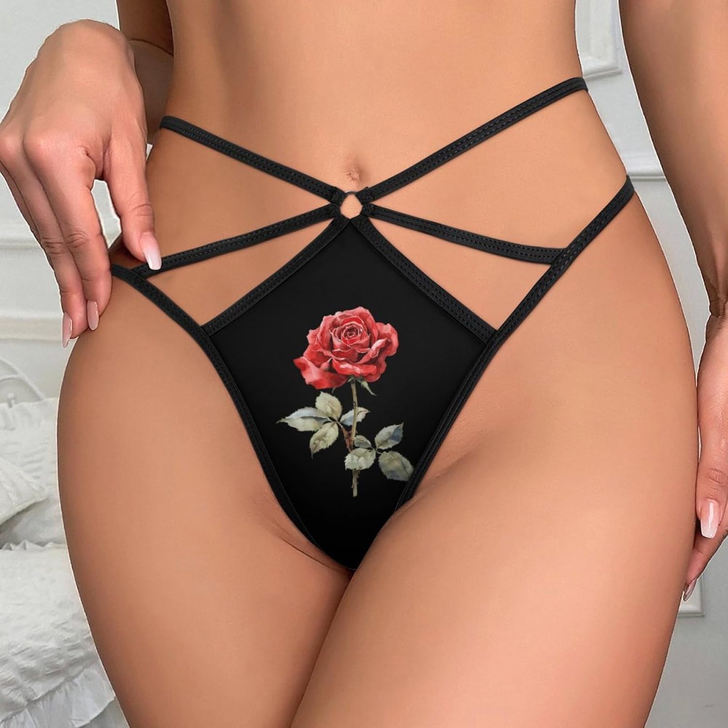 Red Rose Watercolor Funny Women's T-back Thong Panties G-String Printed No Show Underwear