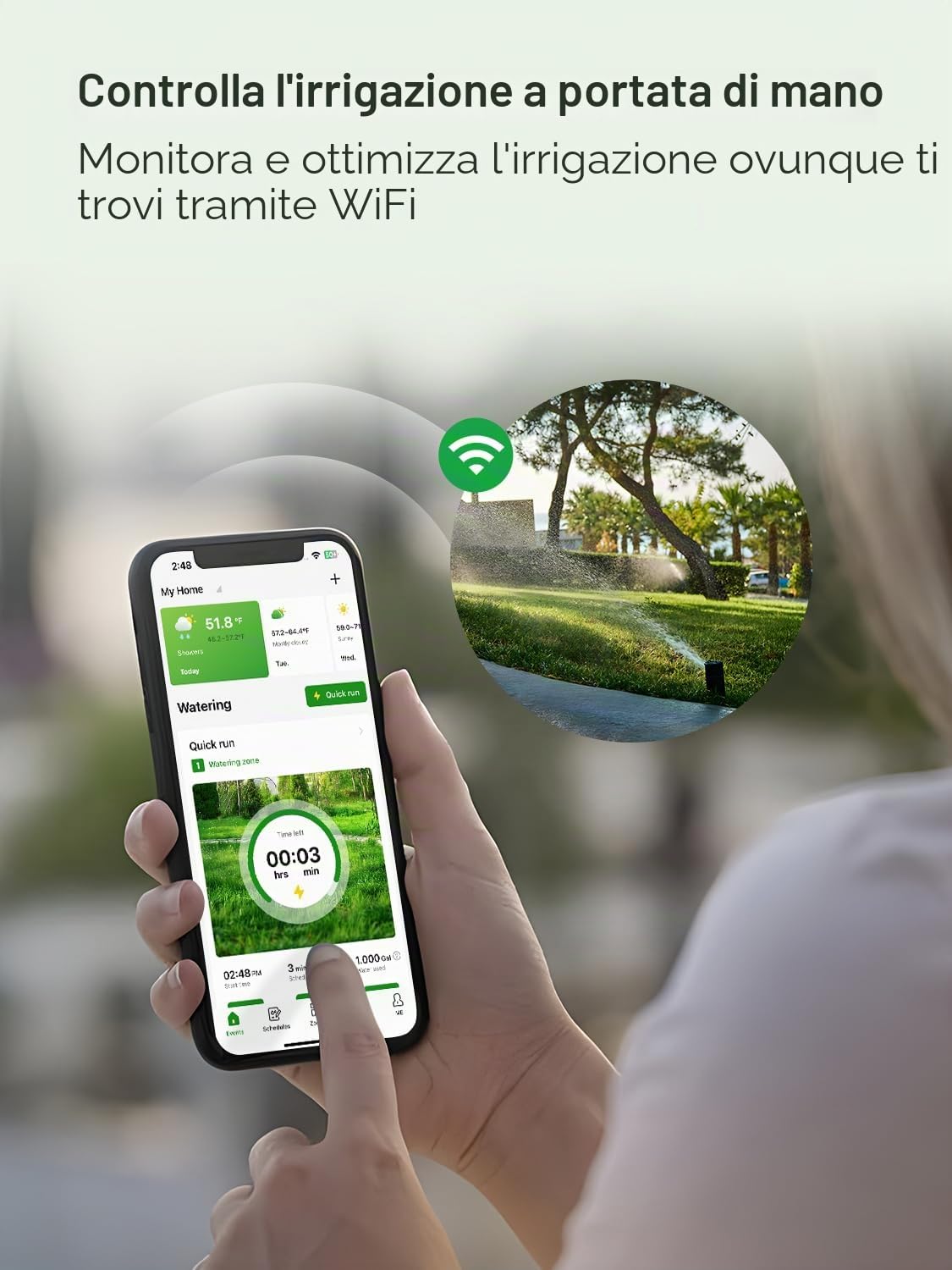 Centralina irrigazione WiFi 6 zone, 16 programmi di irrigazione, salti meteorologici intelligenti, calcolo dell'acqua, irrigazione manuale, centralina per irrigazione giardino, serra, HSC-600W