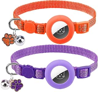 PUPTECK Airtag Cat Collar Breakaway with Bells, Kitten Collar Outfit Adjustable for Girl Boy Small Pet Puppy Bunny, Cute Costume Accessory with Safety Release Buckle, (Airtag-Orange&Purple)