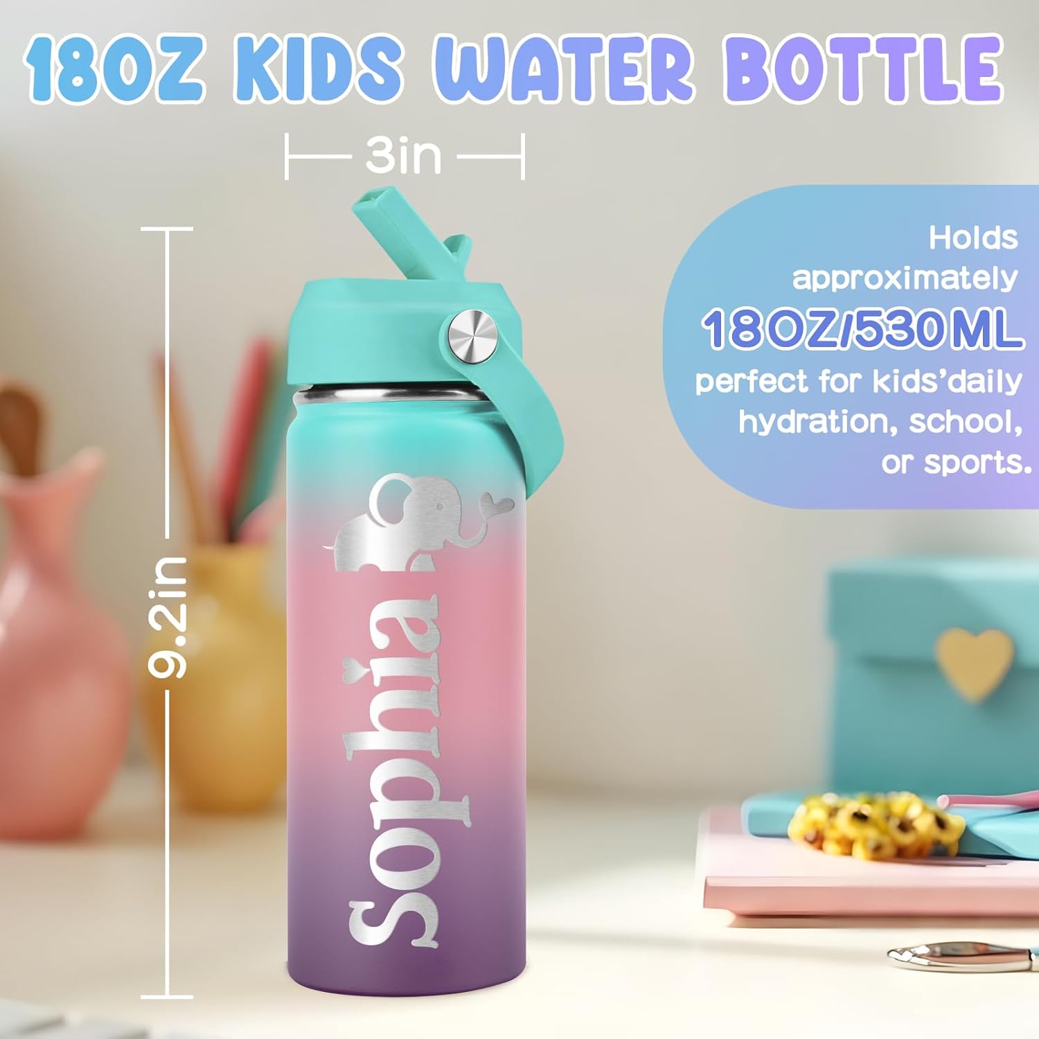 Personalized Water Bottles for Kids - 18oz, 12 Colors, Engraved Name & 36 Icons, Custom Kids Insulated Water Bottle for School, BPA Free - Birthday & Christmas Gifts for Girls & Boys - Image 5