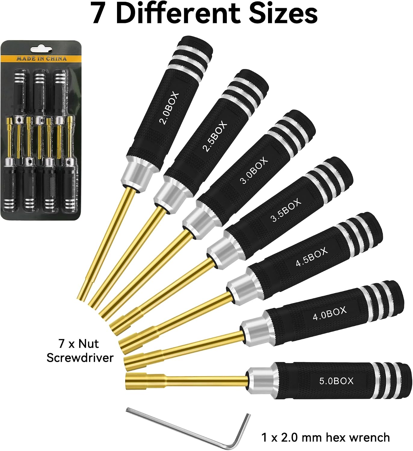 RC Nut Driver Set - Hex Nut Screwdriver Set 2.0mm 2.5mm 3.0mm 3.5mm 4.0mm 4.5mm 5.0mm RC Car Repair Tool Kit for Axial SCX24 Wheel Fixing RC Models Car Boat Helicopter 7Pcs Black