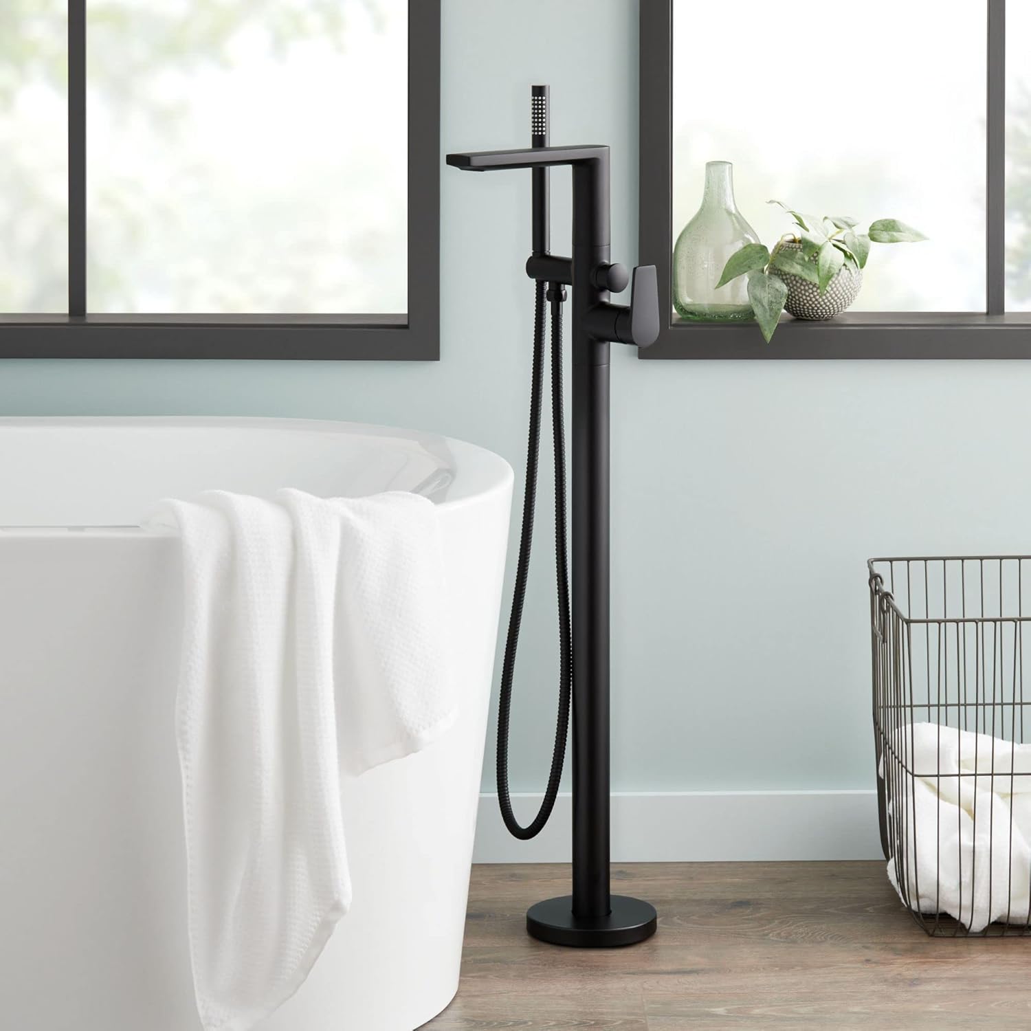 Signature Hardware 482811 Berwyn Floor Mounted Tub Filler Faucet - Includes Hand Shower, Less Valve - Matte Black
