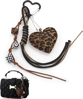 Leopard Print Heart Keychain, Y2K Aesthetic Bag Charm with Heart Carabiner