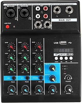 Audio Mixer 4 Channel Audio Mixer Bluetooth USB Mixing Console Professional Stage Power Amplifier Color Black Size One Size