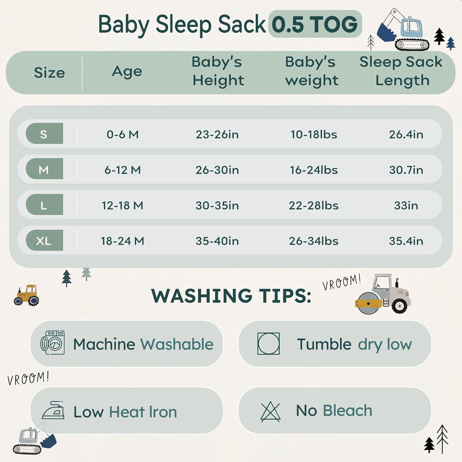 Baby Sleep Sack 0-6 Months 0.5 Tog Wearable Blanket Baby, 3 Pack 100% Cotton Lightweight Sleeping Sack with 2-Way Zipper for Newborn Infant Excavator - Image 6