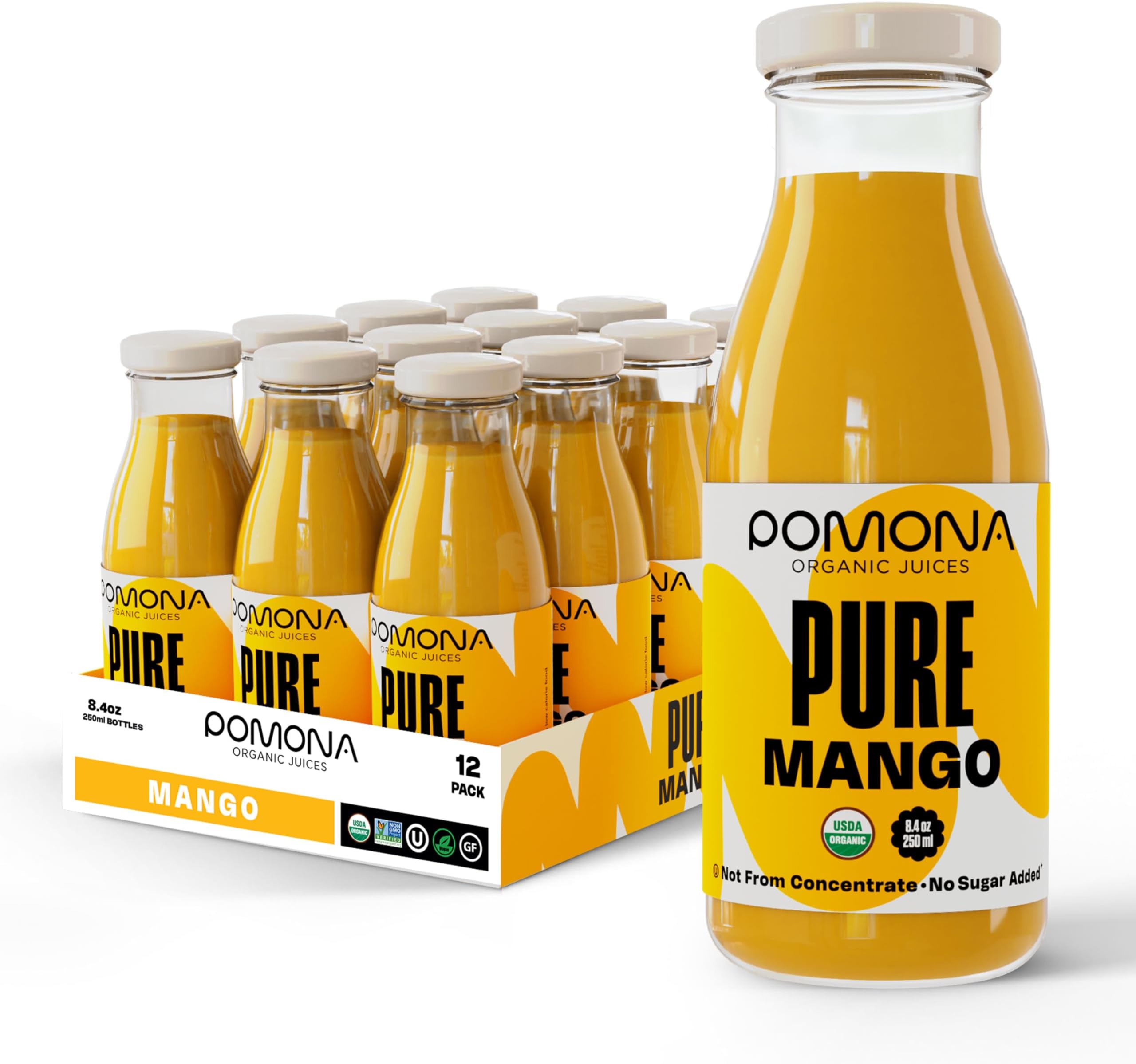 Pomona Organic Juices Pure Mango Juice, 240ml Bottle (Pack of 12), Cold Pressed Organic Juice, GMO Free, No Added Sugar, No Concentrate, Gluten Free, Kosher Certified, No