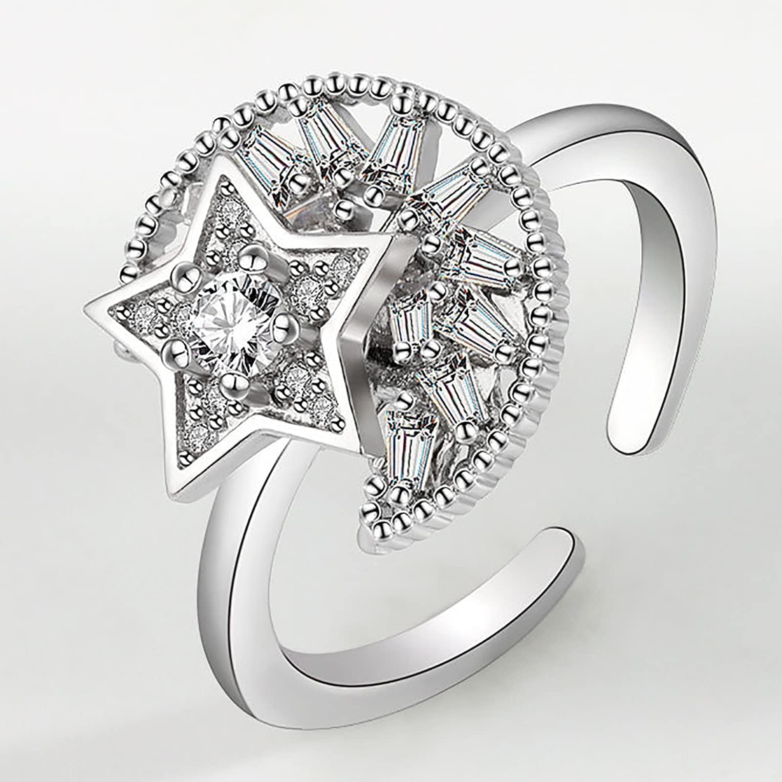 Women Anxiety Rings S925 Sterling Silver Zirconia Rotatable Adjustable Open Star Crescent Moon Fidget Ring For Gift Wedding Promise Birthday Jewelry,B