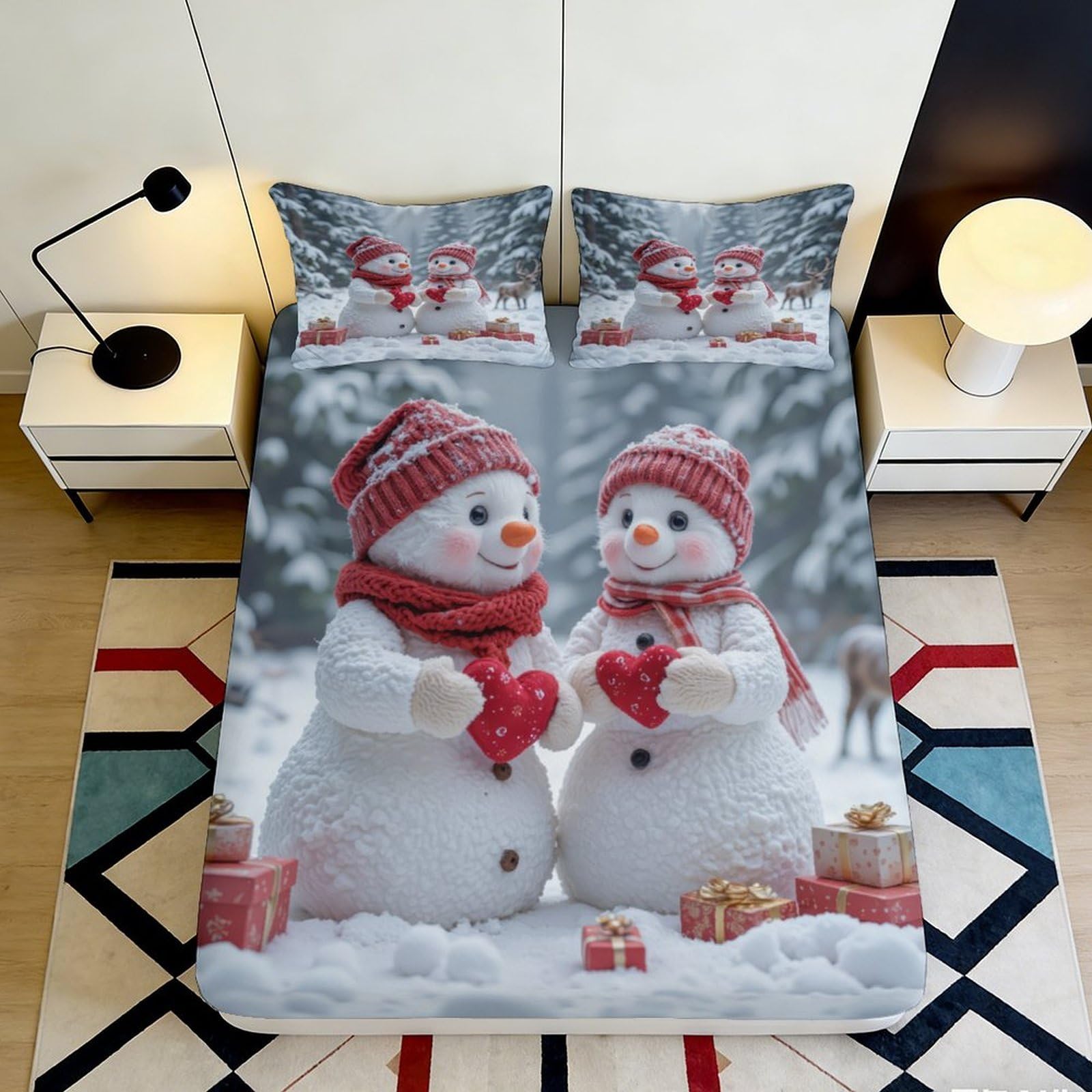 Jqzkxnhpbr Style-4 3D Printed Snowman Winter Scene Fitted Sheet Microfiber Soft Anti-Slip Mattress Cover For Bedroom Decor 90X200x25cm