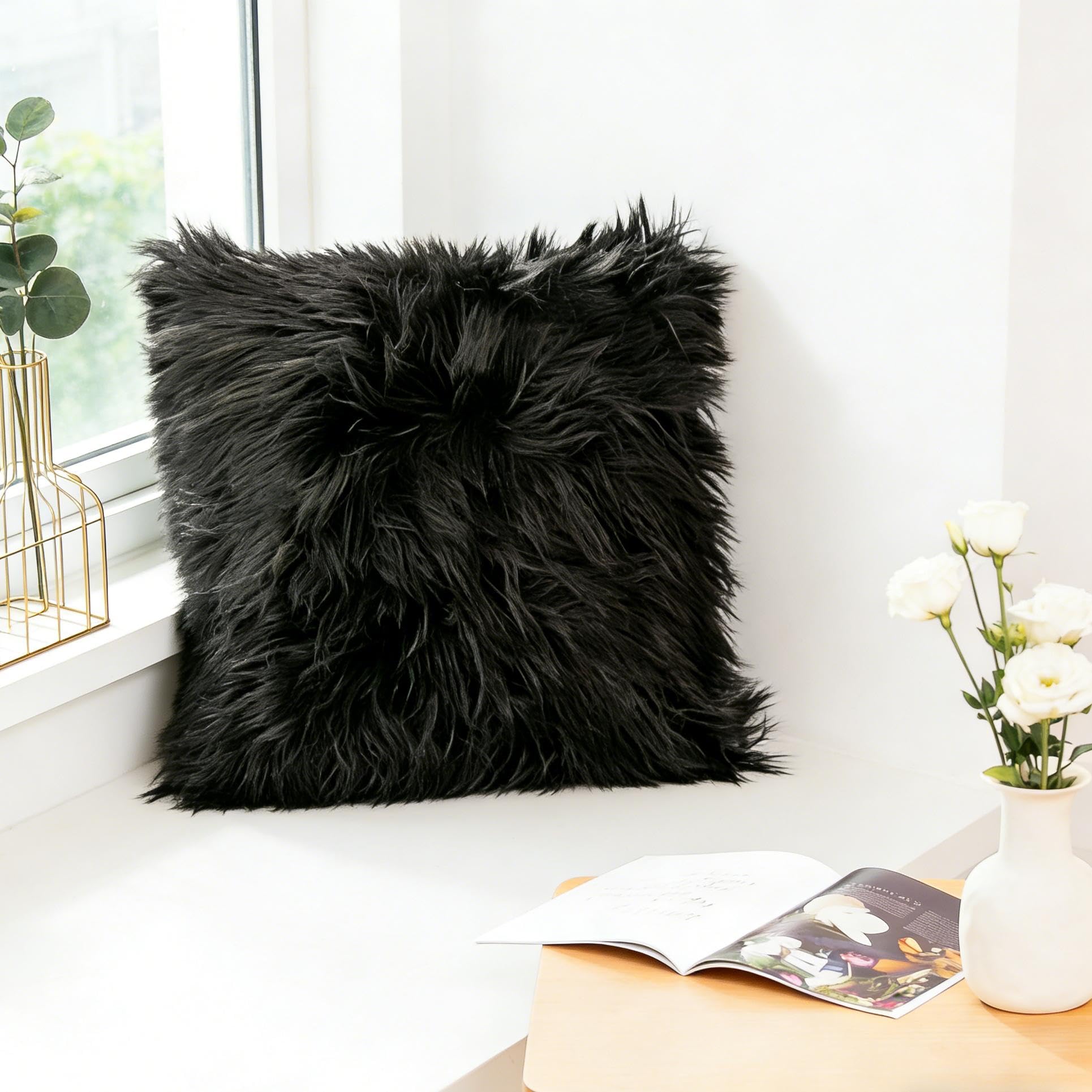 Winter Flower 60 Pack 18x18 Inches Soft Faux Fur Throw Pillow Covers, Plush Shaggy Luxury Cushion Covers for Home Sofa Bedroom Decor, Black