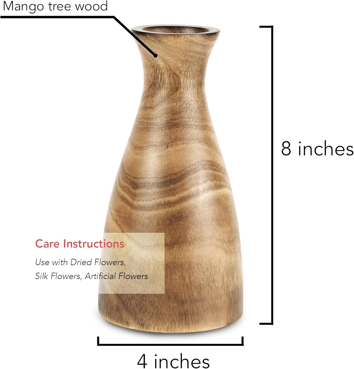 AeraVida Natural Brown Stain Mango Tree Wood Bottle Shaped Slim Vase for Flower, 8 inches