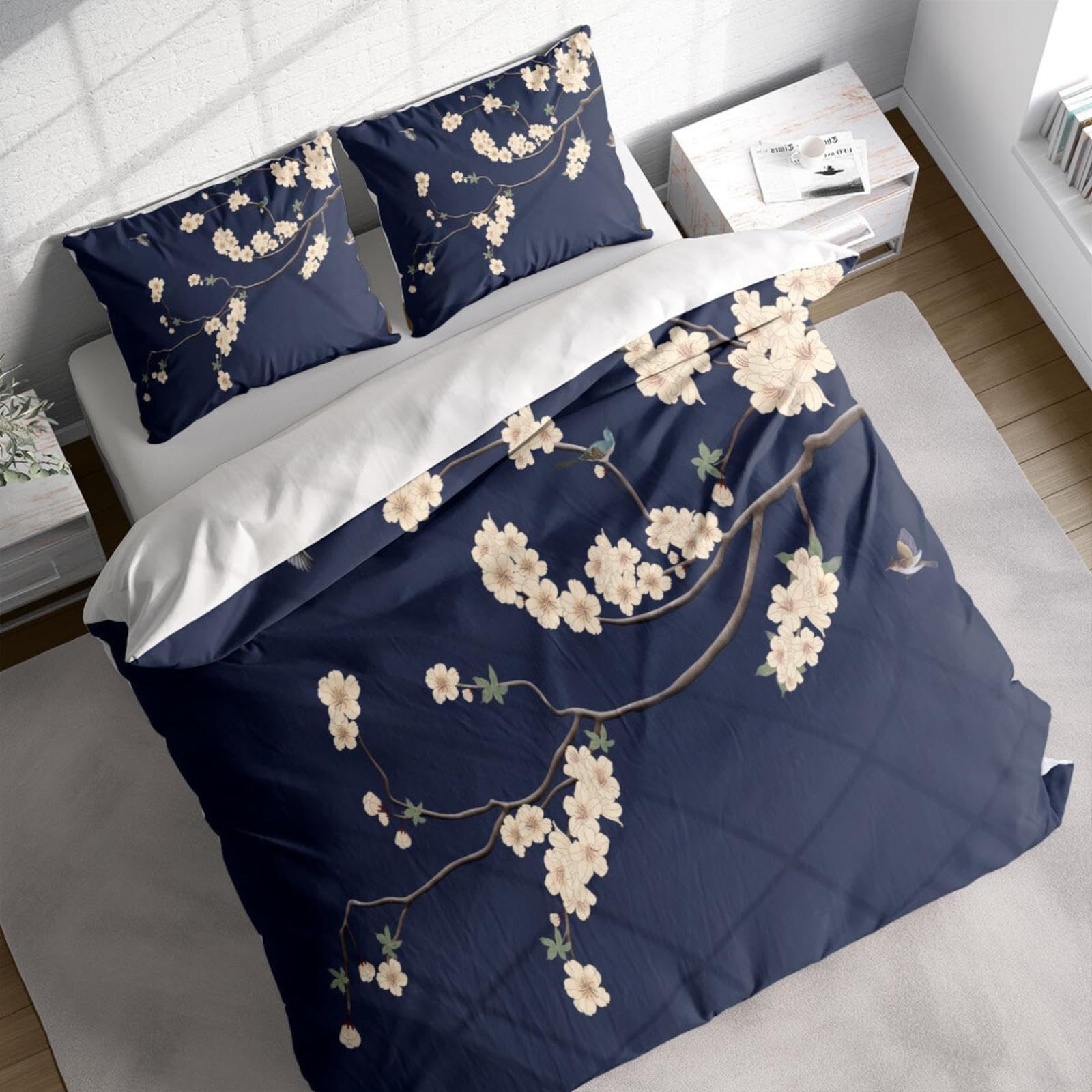 Linge de lit motif floral bleu marine chic de style botanique avec taies 40x70