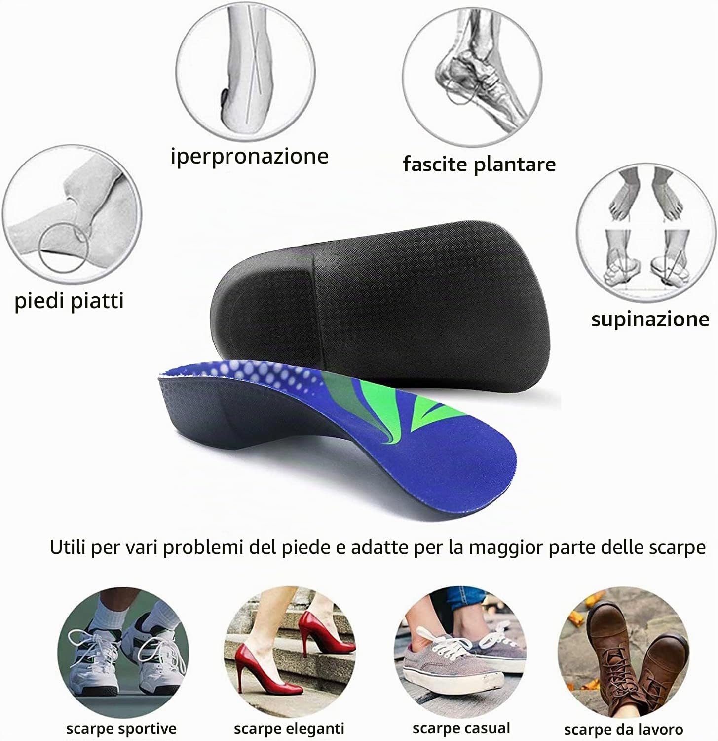 RooRuns 3/4 solette ortopediche per solette plantari per arco alto Solette per scarpe per fascite plantare, piedi piatti, iperpronazione, sollievo dal dolore al tallone