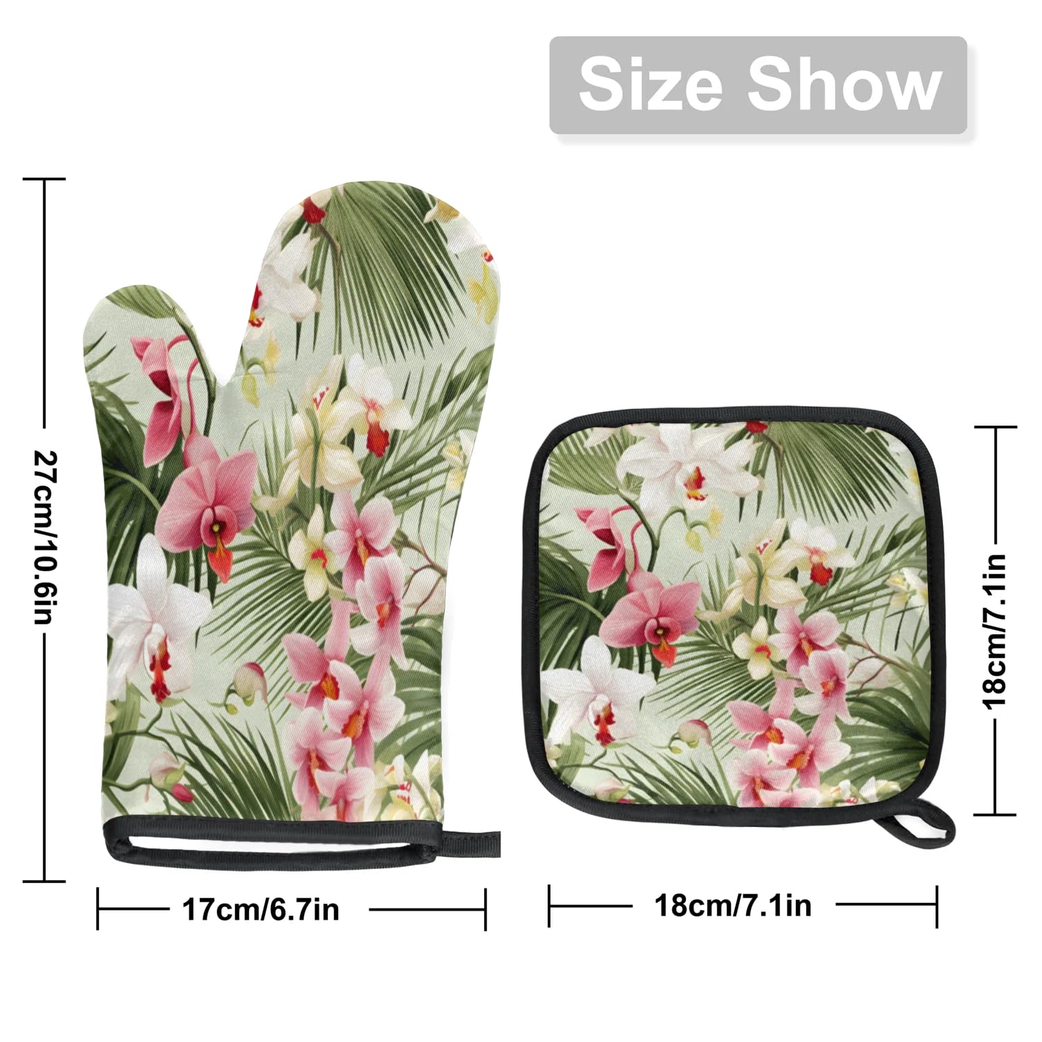 Tropical Leaf Flower Oven Mitts Kitchen Oven Gloves for Cooking Baking Heat Proof Lining Cotton Kitchen Potholder Mittens Pot Holders Hot Pads for Chef Women Men
