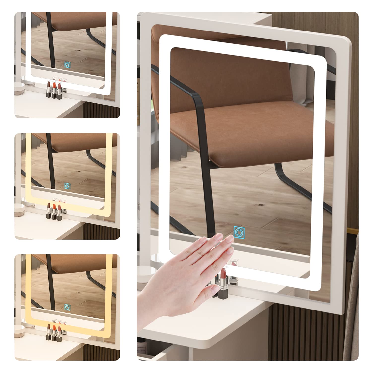 Tavolo Da Toeletta Con Specchio E 4 Cassetti - Bianco E Grigio, 90x40x135 Cm, Con Sgabello - Foto 4