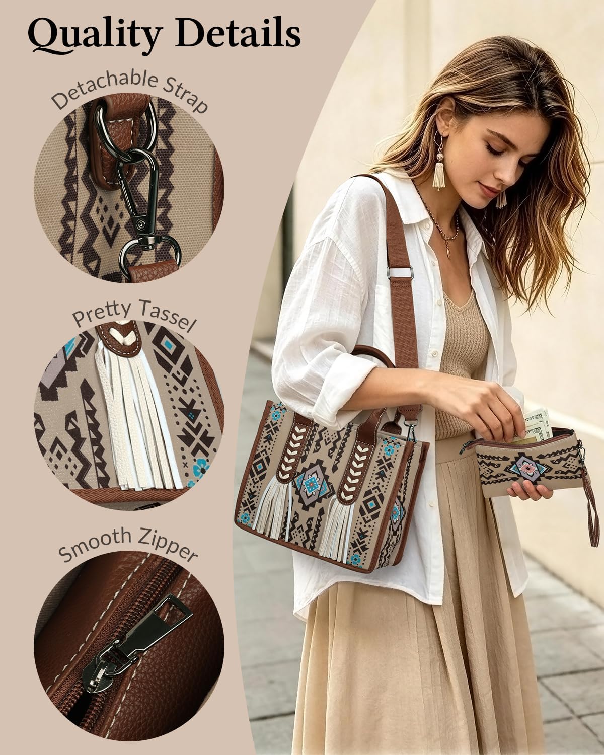 Boho Top Handle Tote Bag Women, Aztec 2pcs Crossbody Purse