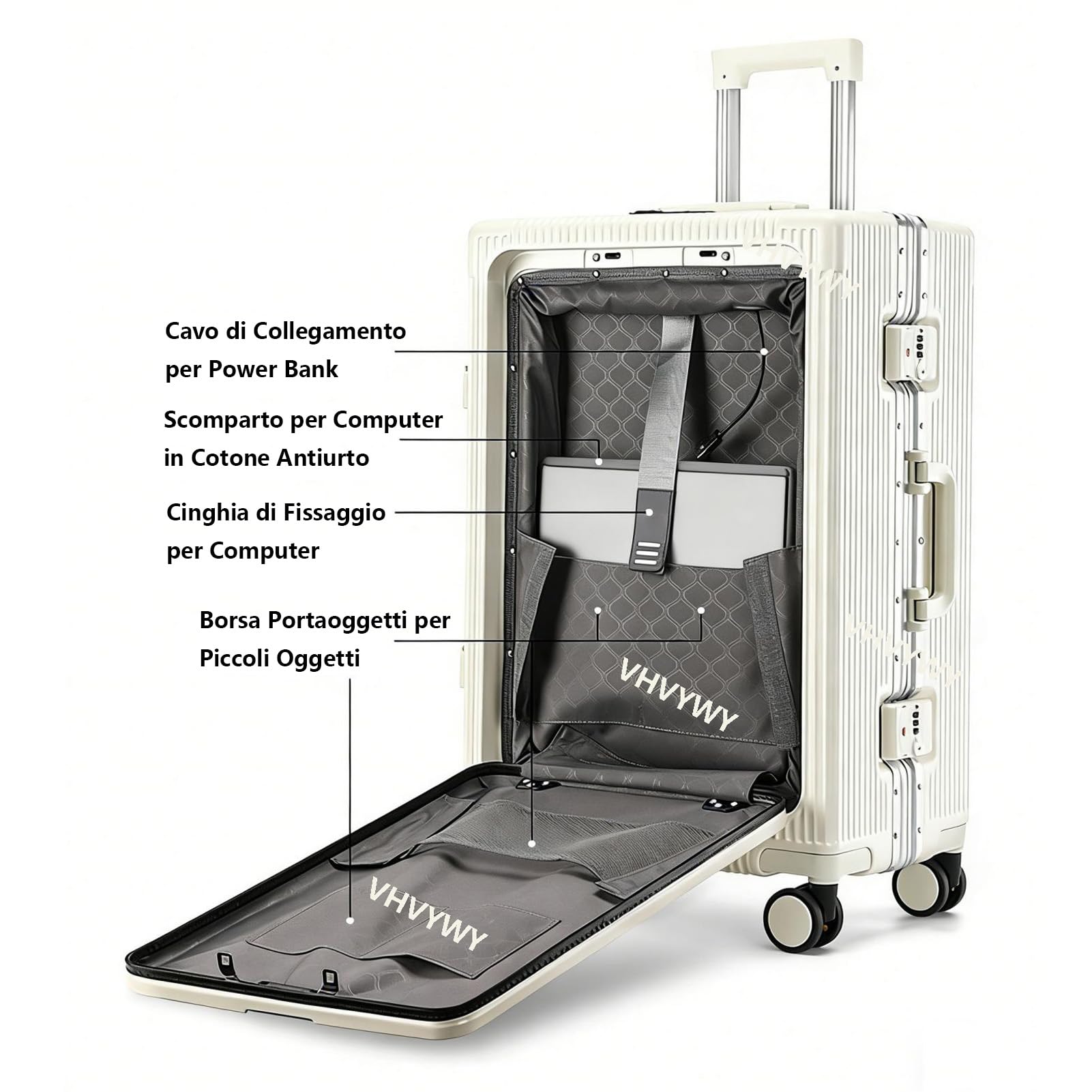 Valigia da Viaggio in Alluminio con Apertura Anteriore, Trolley Valigie Rigido in PC, Porta USB, Portabicchiere, Ruote Girevoli Silenziose, Porta Tazza, Chiusura TSA (Argento, XL)