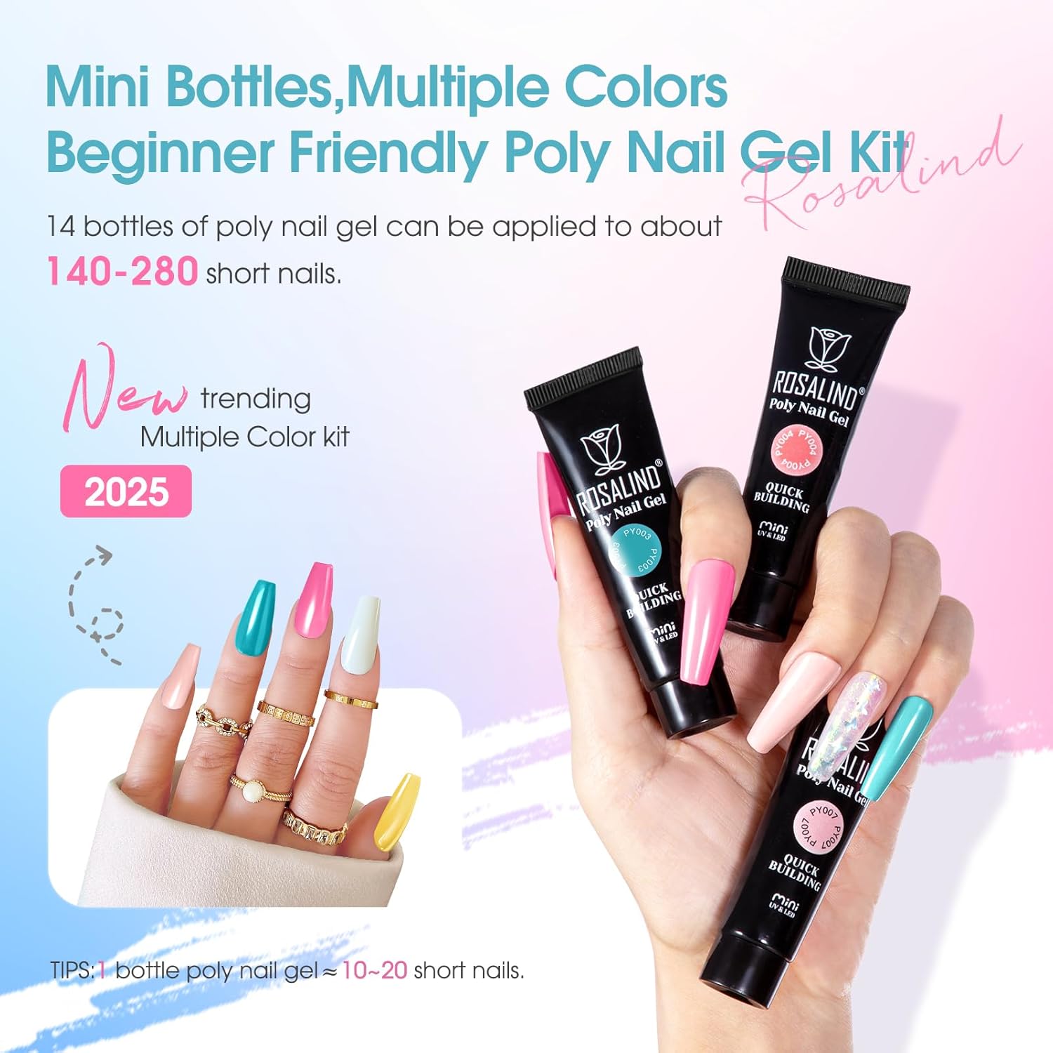 Poly Nail Gel Starter Kit with Drill-14 Colors + 75 Nail Art Accessories Kit, ROSALIND Neon Poly Extension Gel with Big UV Light 48W and Electric Nail Drill Starter Kit with Everything - Image 3