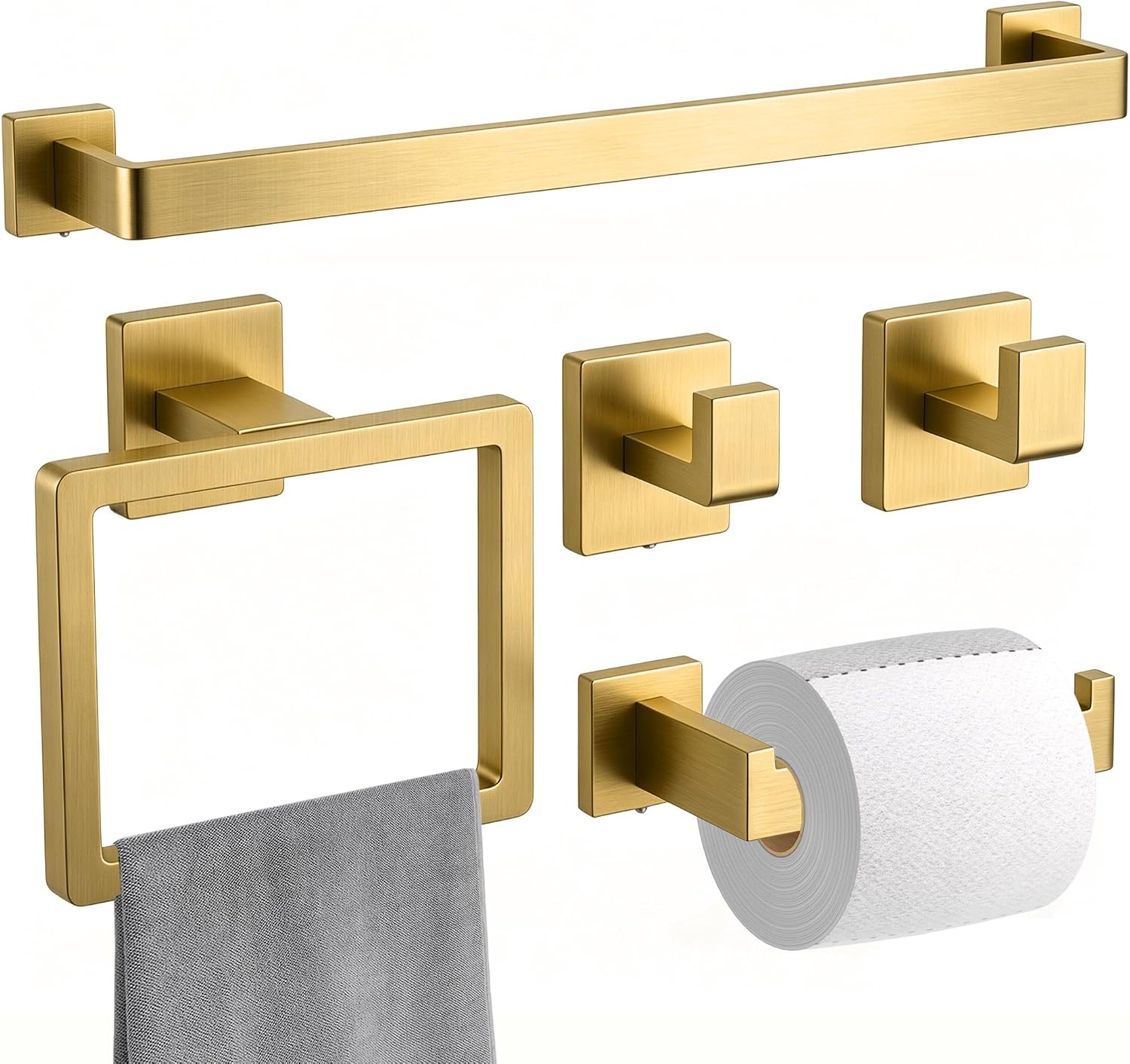 5-Pieces Brushed Gold Bathroom Hardware Set, SUS 304 Stainless Steel 24.48 Inch Square Towel Bar Set with Towel Ring Robe Towel Hooks and Paper Towel Holder for Bathroom Wall Mounted