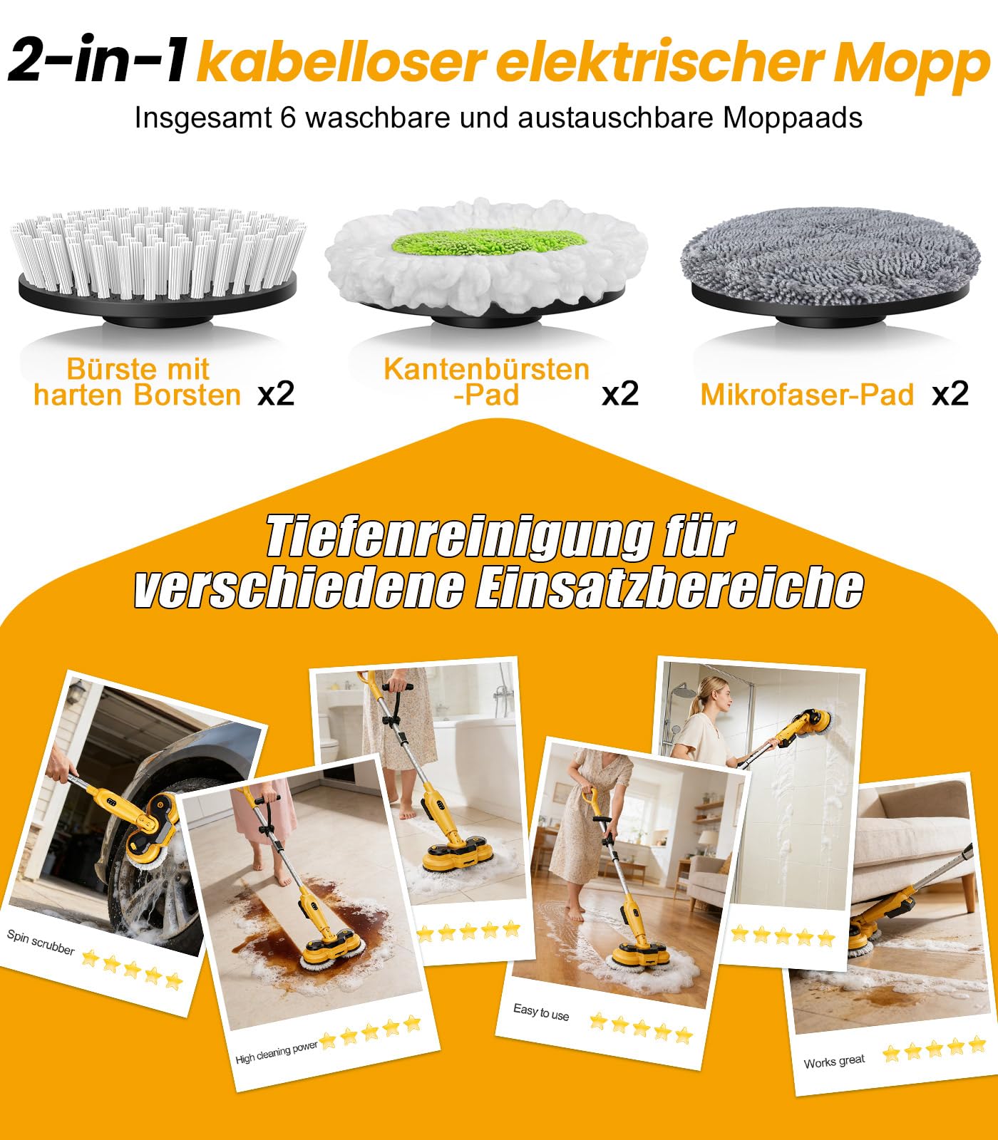 Qimedo Elektrischer Wischmopp, 6000mAh, 800 U/min, Kabellos Bodenreiniger für Bodenreinigung Bodenwischer Elektrisch mit Smart-Display, Wischmopp mit LED-Licht und Wassersprühfunktion