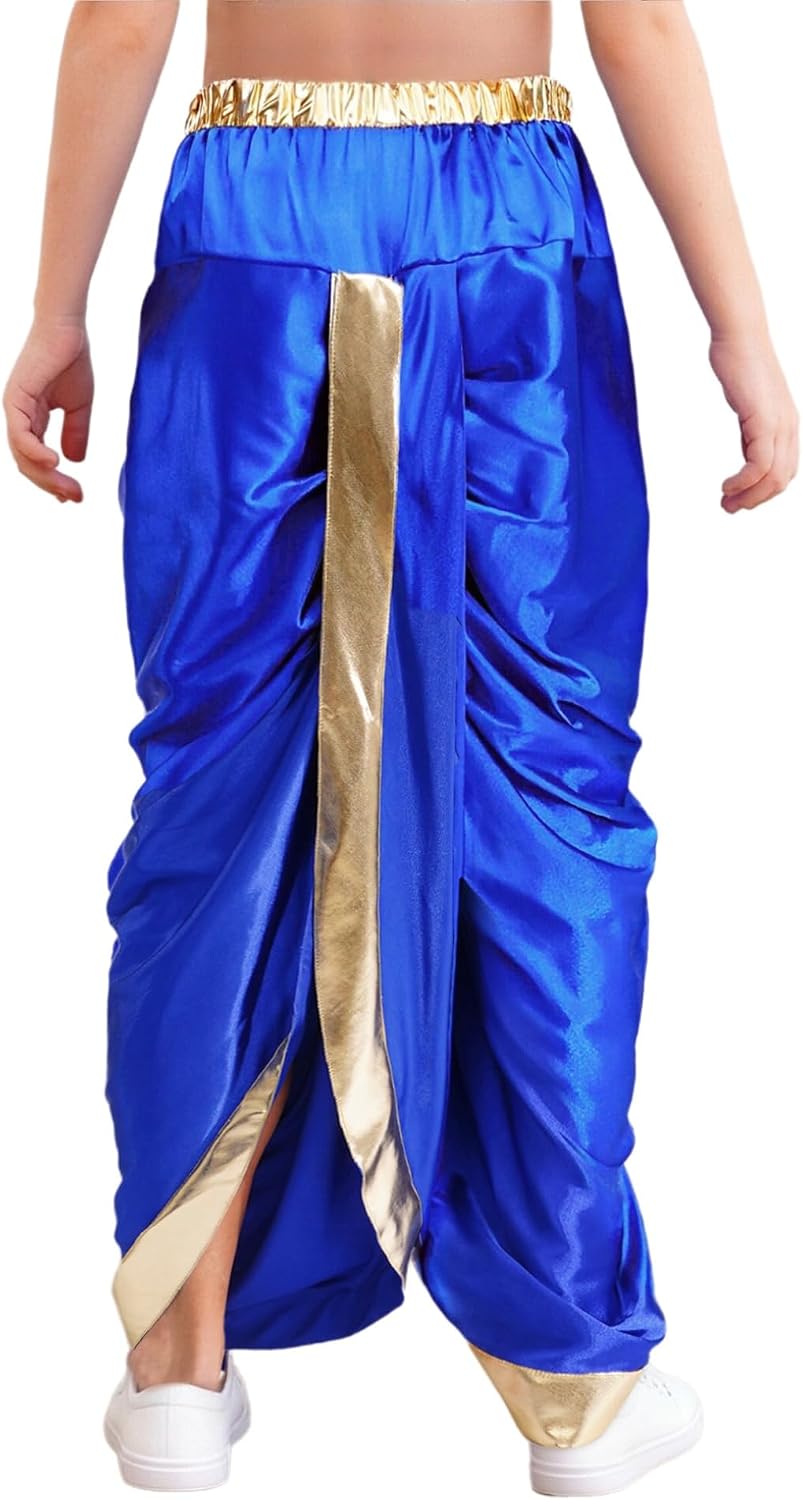 Freebily Kids Boys Satin Indian Dhoti Pants Metallic Elastic Waist Dance Hippie Draped Harem Baggy Yoga Trousers