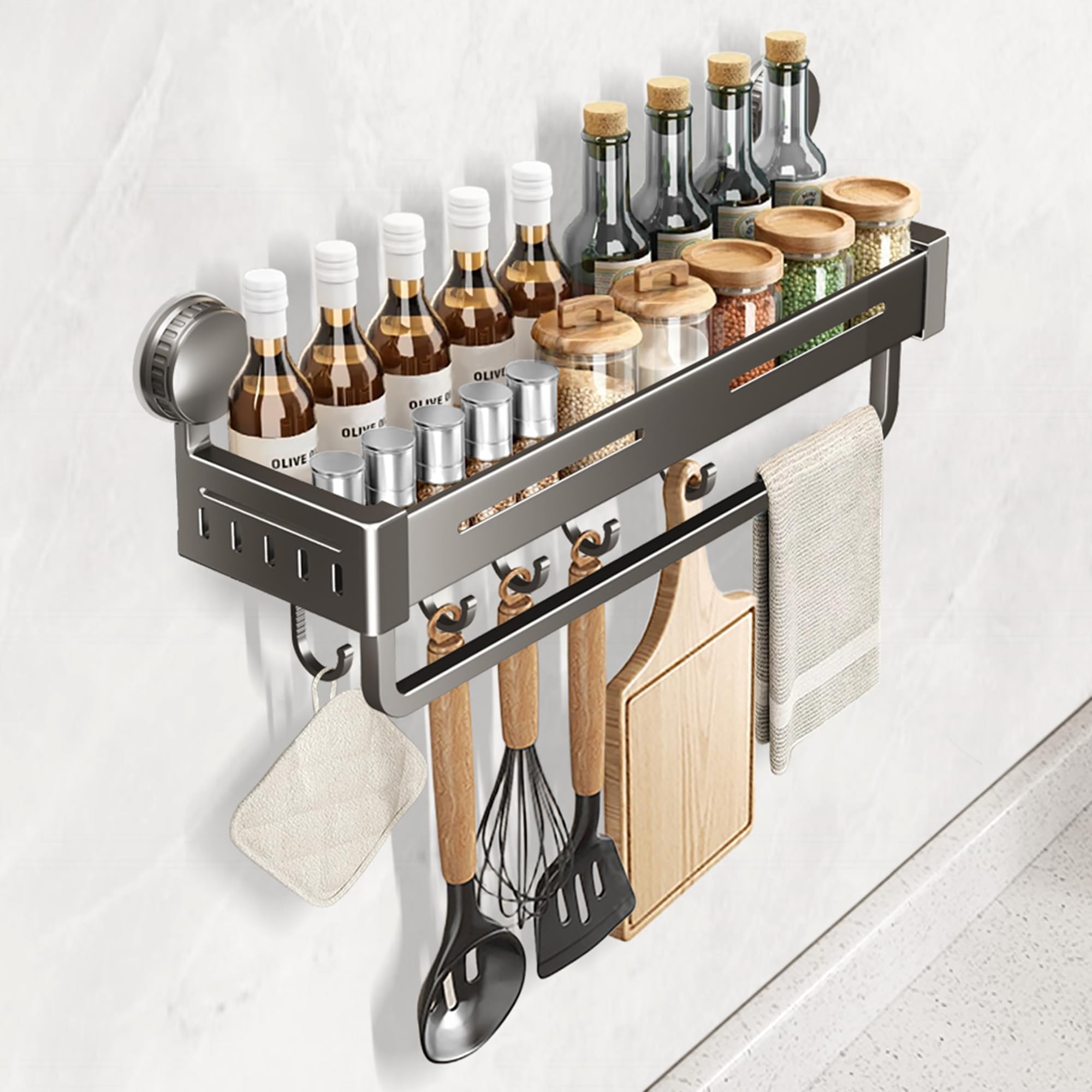 KOOPRO Suction Cup Kitchen Rack Condiment Rack Kitchen Storage Bathroom Rack Towel Hanger Shampoo Rack Kitchen Toilet Bathroom Bath Wall Mount Storage Waterproof Rustproof Space Saving Stylish Suction