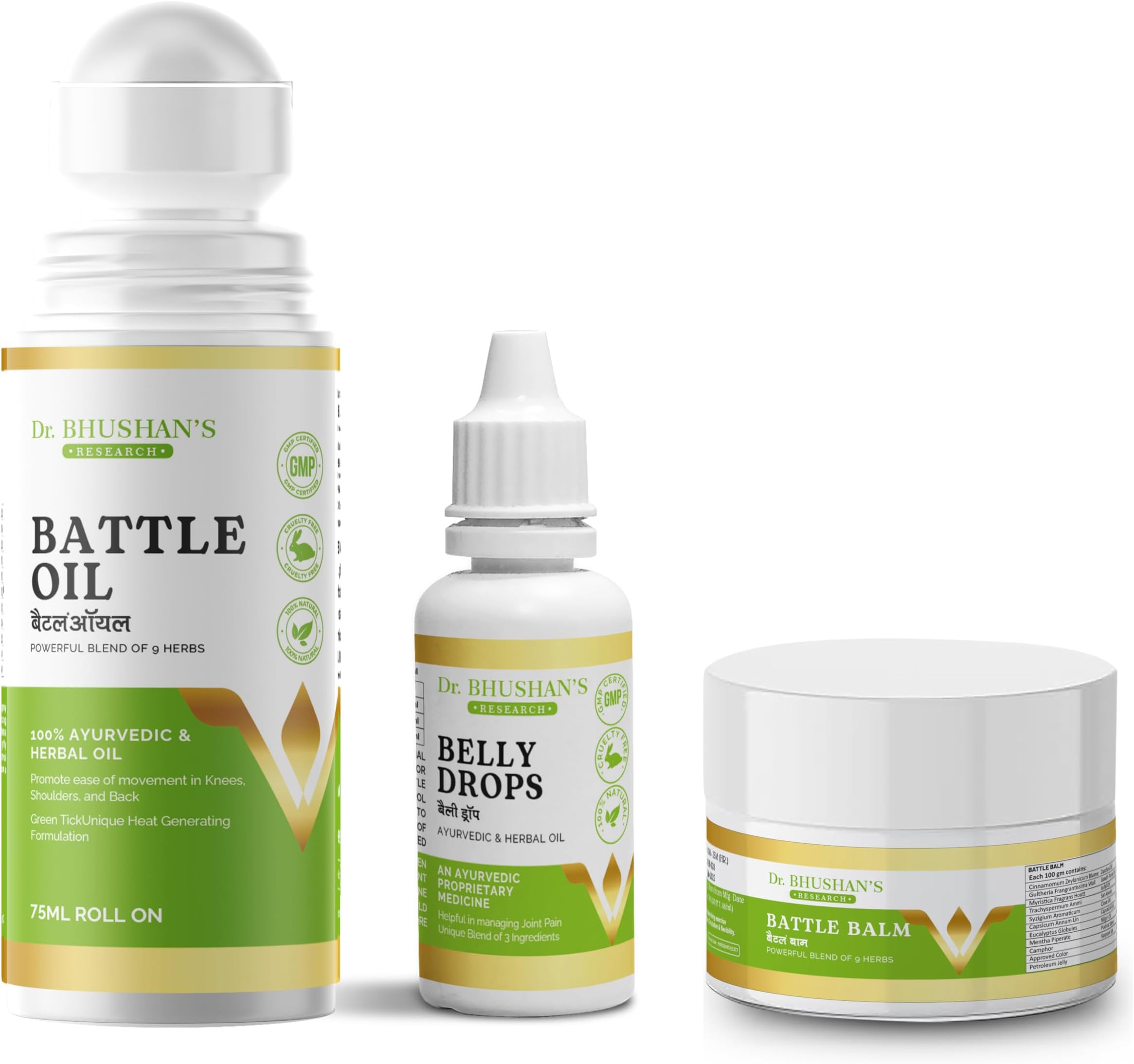 Dr. Bhushan's Research Ayurvedic Joint Pain Trio Kit (Battle Oil+Battle Balm+Belly Drops) For Joint Pains (Knee Pain,Shoulder Pain,Back Pain)