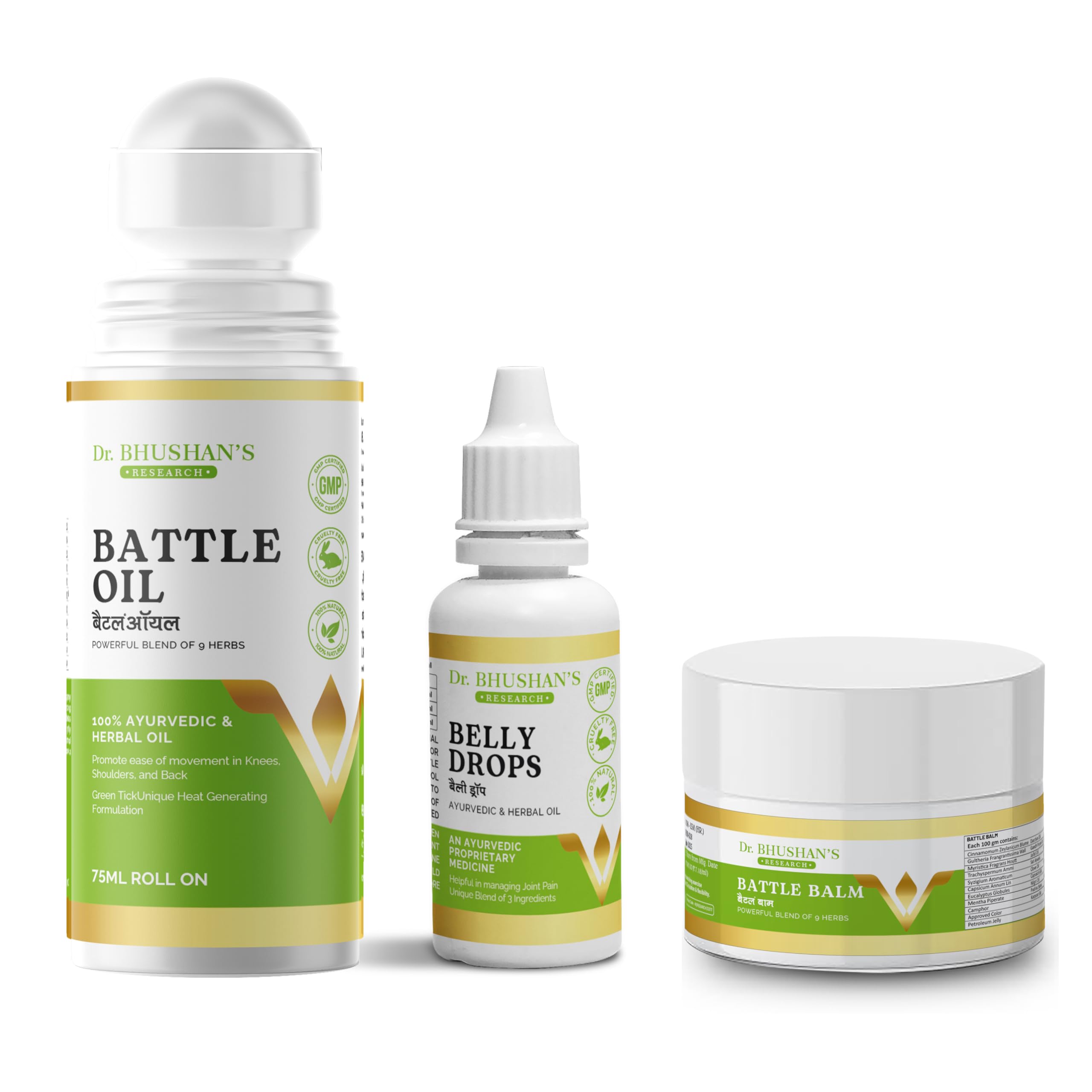 Dr. Bhushan's Research Ayurvedic Joint Pain Trio Kit (Battle Oil+Battle Balm+Belly Drops) For Joint Pains (Knee Pain,Shoulder Pain,Back Pain)