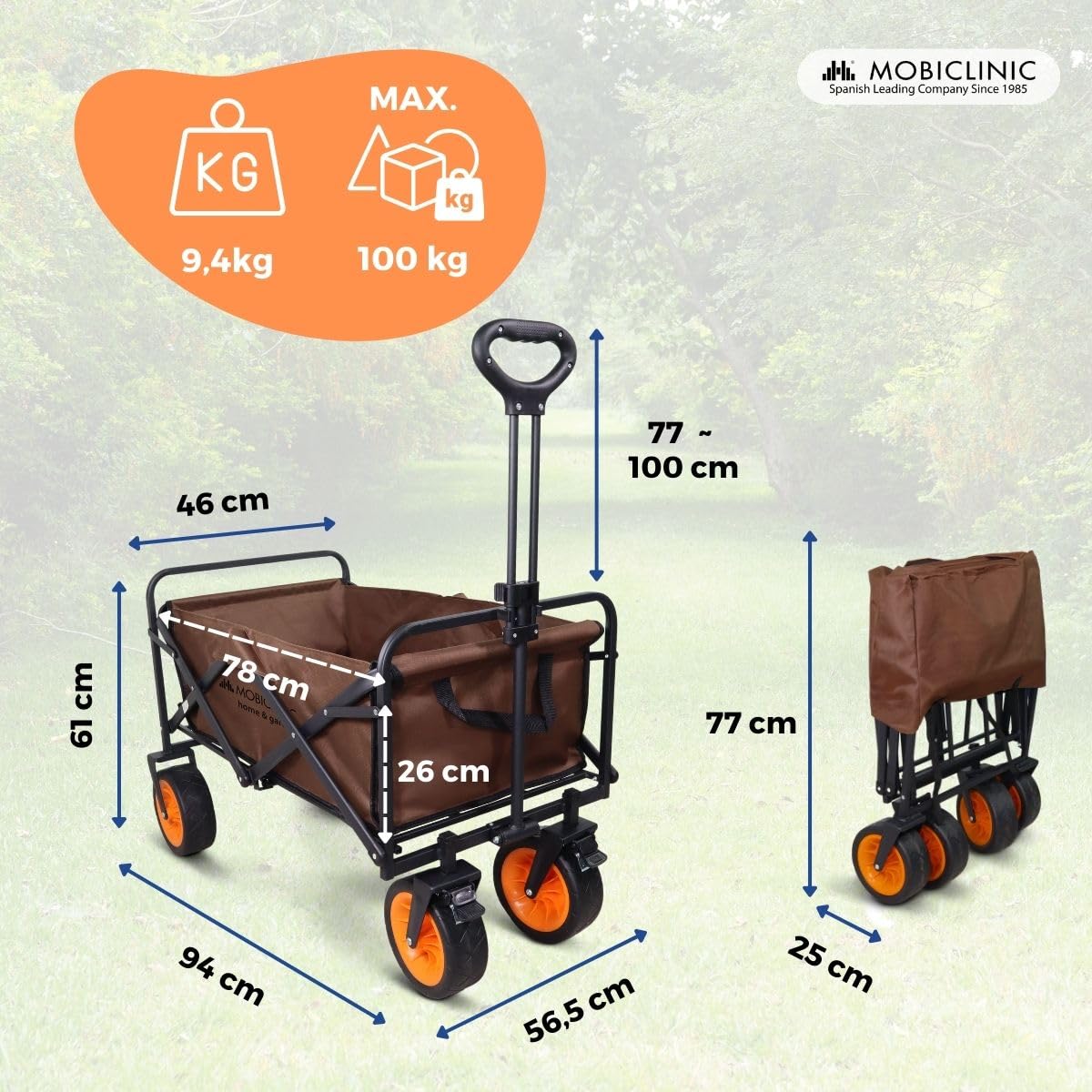 Mobiclinic®, Składany wózek transportowy, Na plażę i do ogrodu, Duna pro plus, Regulowana rączka, Duże 360º terenowe koł, Dodatkowe kieszenie, 100 kg, 94x56, 5x61cm, Wodoodporny, Czerwony