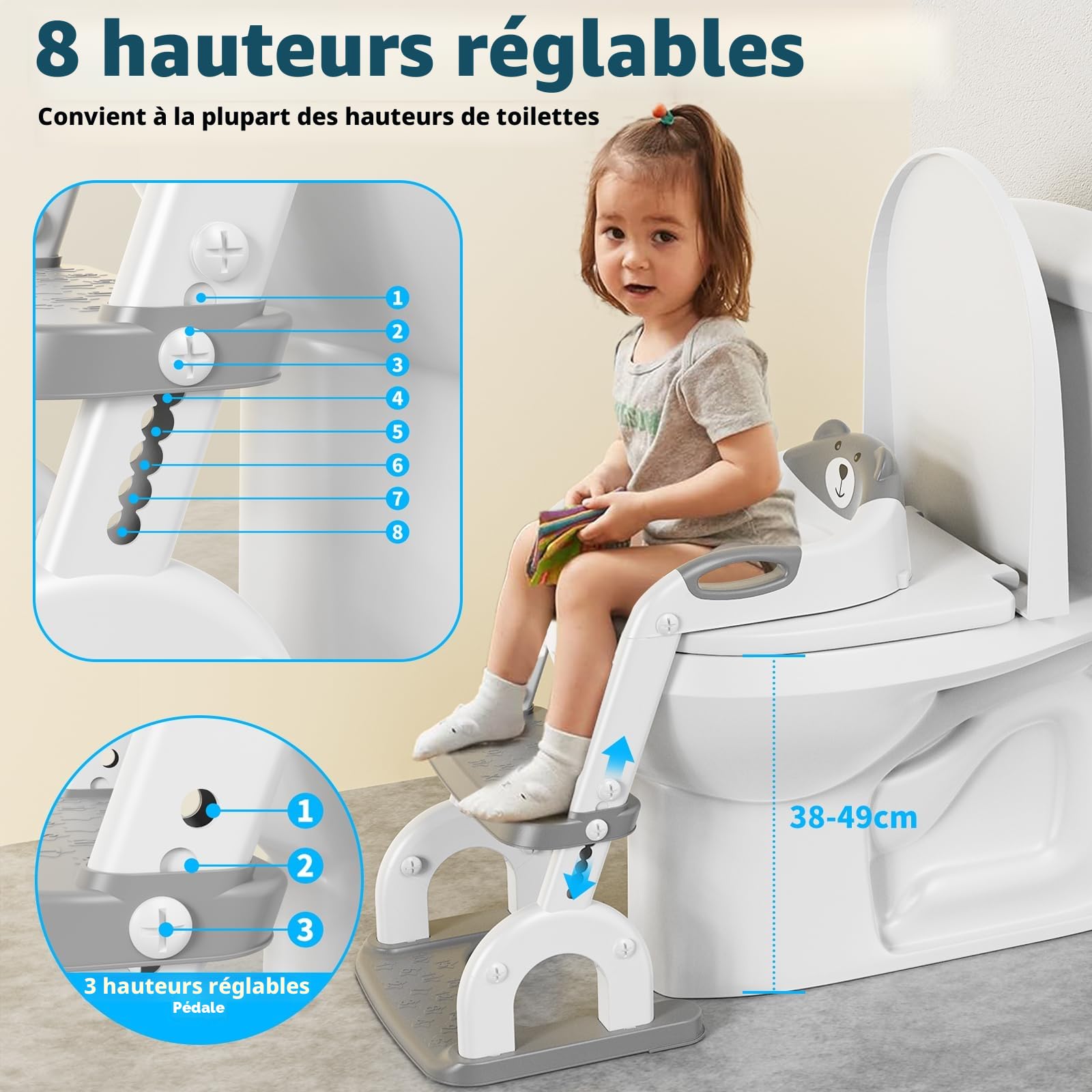 Reducteur Toilette Enfant，Améliorées Adaptateur Toilette pour Enfants Garçons et Filles，2 en 1 Rehausseur Toilette Enfant，Réglable en Hauteur et Portable，Tabouret d'escalier