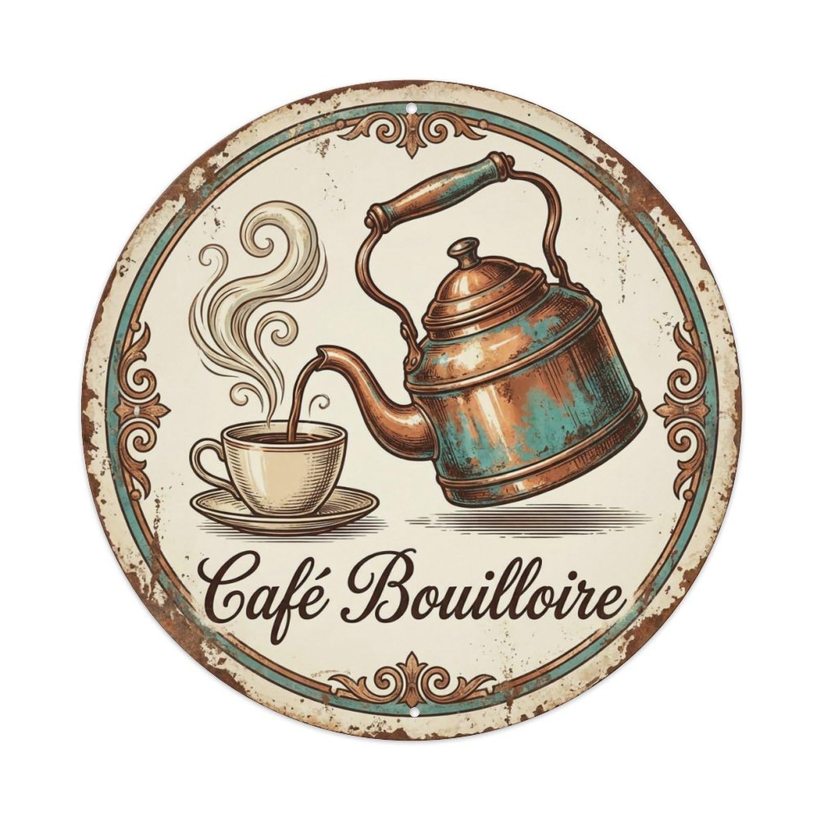Kettle Vintage Tavern Cafe Metal Tin Sign Plaque Wall Decor for Cafe, Club, Garden Round Metal Poster 8x8Inch