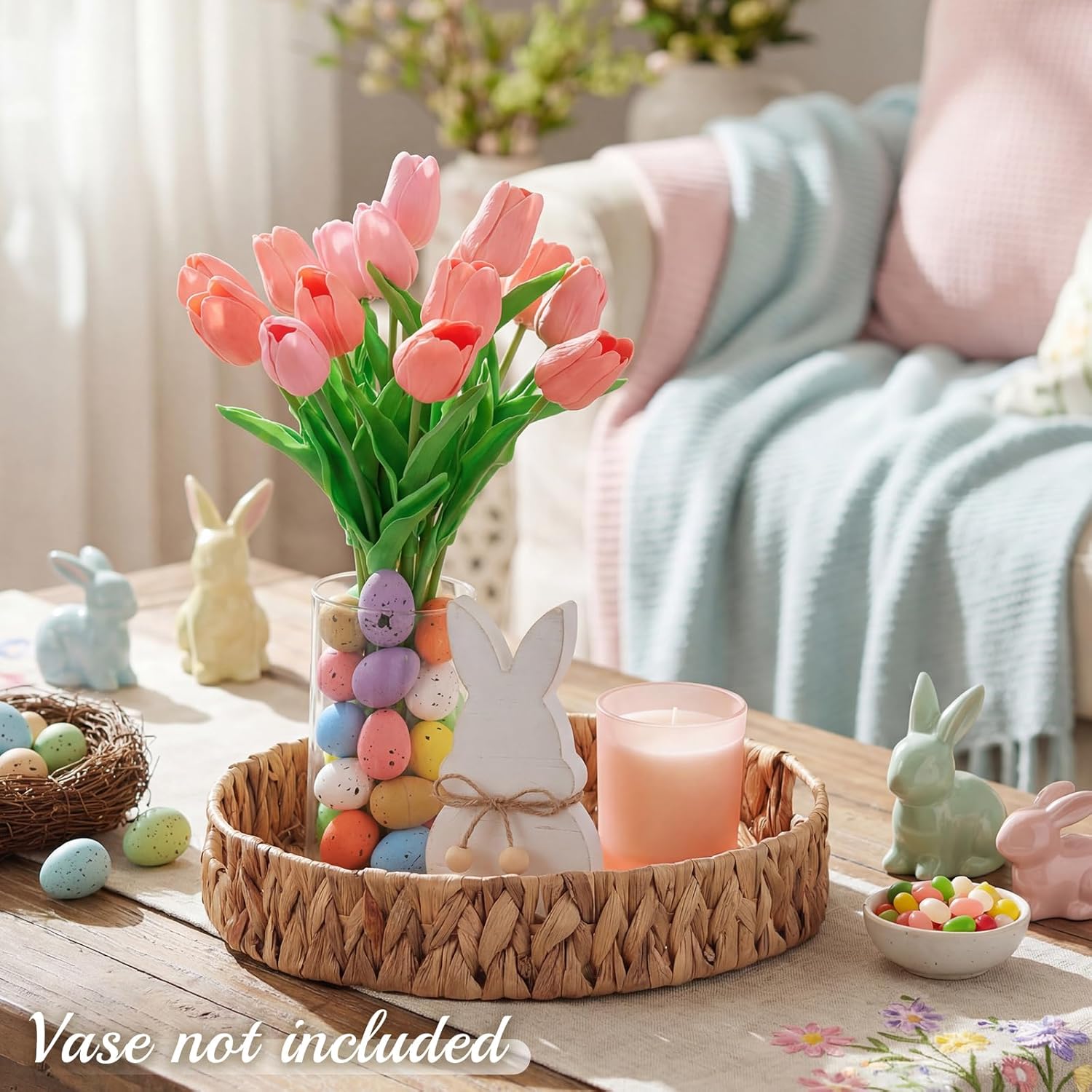 Novabright Spring Easter Centerpiece Table Decorations Pastel Eggs Artificial Tulips Wooden Bunny Statue Basket Tray Bowl for Easter Farmhouse Decor for Coffee Table Kitchen Living Room
