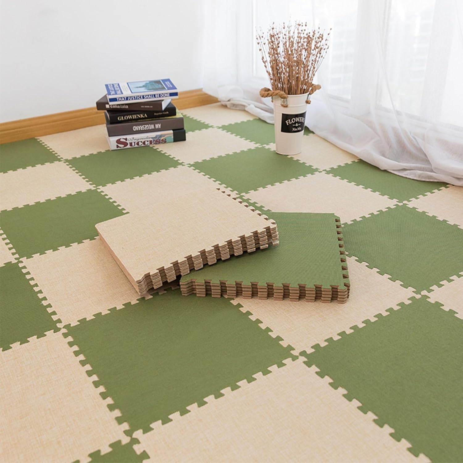 Interlocking Carpet Square, Cotton Linen Puzzle Foam Floor Mat with Border for Home, Yoga or Gym (30 * 30cm)(Lavender-Sky Blue,0.6cm-24p)