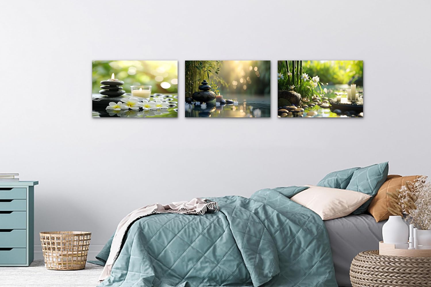 Bathroom Wall Art Decor, 3 Pieces Zen Canvas Prints, Meditation Picture Painting, Green Zen Room Decor, Bedroom Wall Decor Living Room Yoga Spa Office Artwork Posters Prints Framed Home Decorations