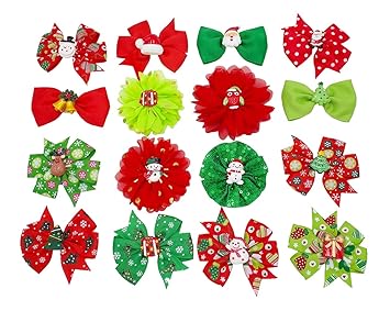 JpGdn 16pcs Dog Collar Charms for Christmas Bowknot Slides Grooming Accessories for Small Medium Dogs Cat Puppy in Mixed Color and Pattern