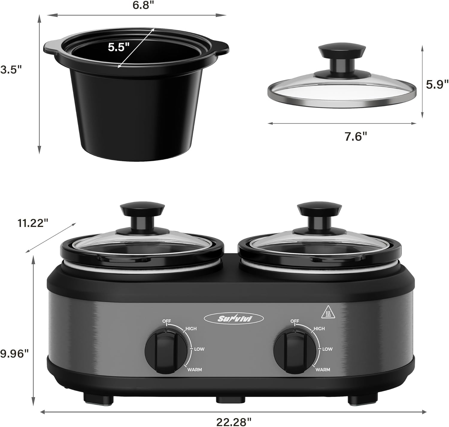 Sunvivi Dual Slow Cooker, Buffet Server & Warmer with 2 Removable Ceramic Pots, 3 Adjustable Temp Settings & 2 Visible Glass Lids, Stainless Steel, 2 * 1.25 Quarts Grey
