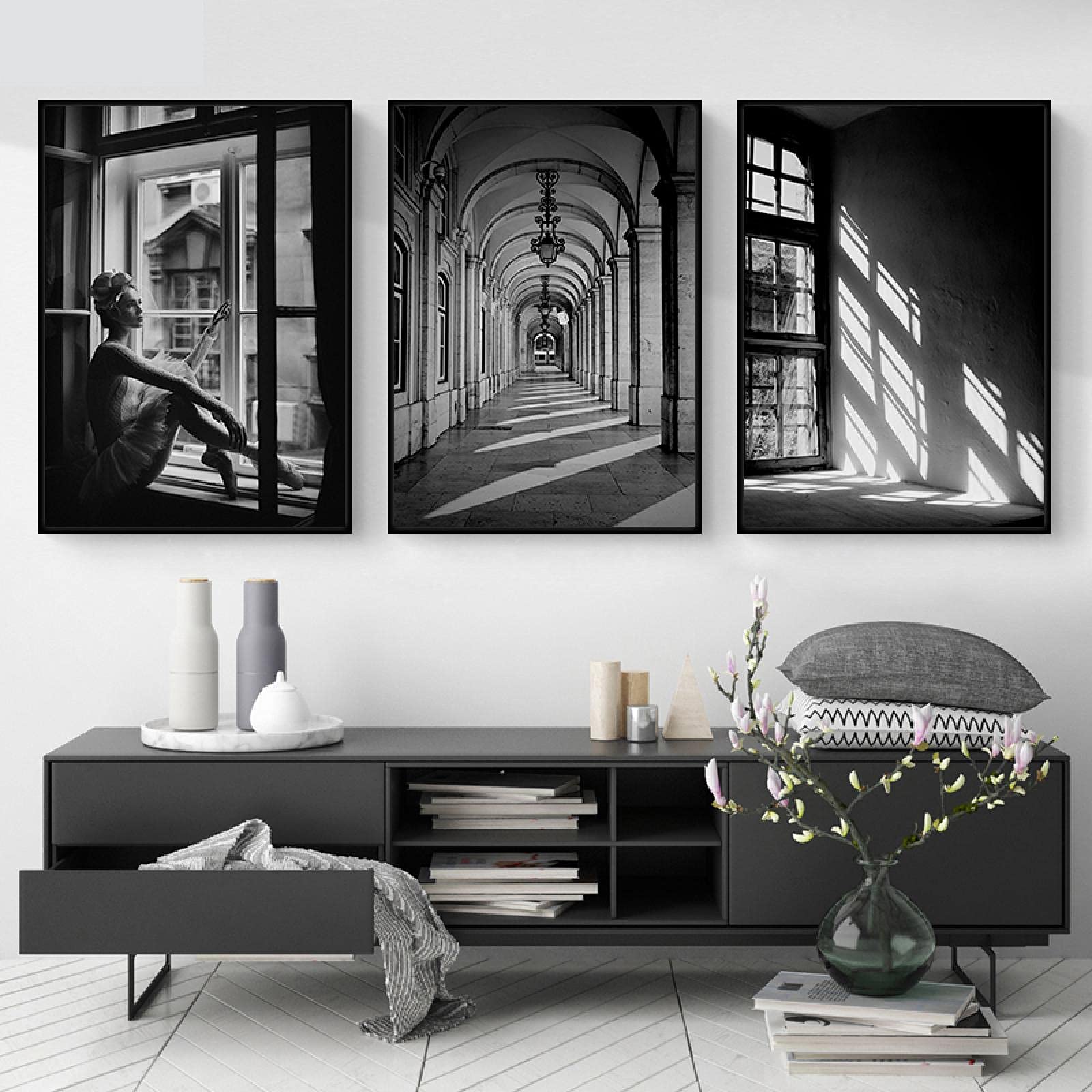 Amazon Co Jp 北欧ポスター白黒建物キャンバス絵画ガールウォールアートポスタープリント壁の写真リビングルームスカンジナビア 30x40cm 12x16in X3 個非フレーム ホーム キッチン