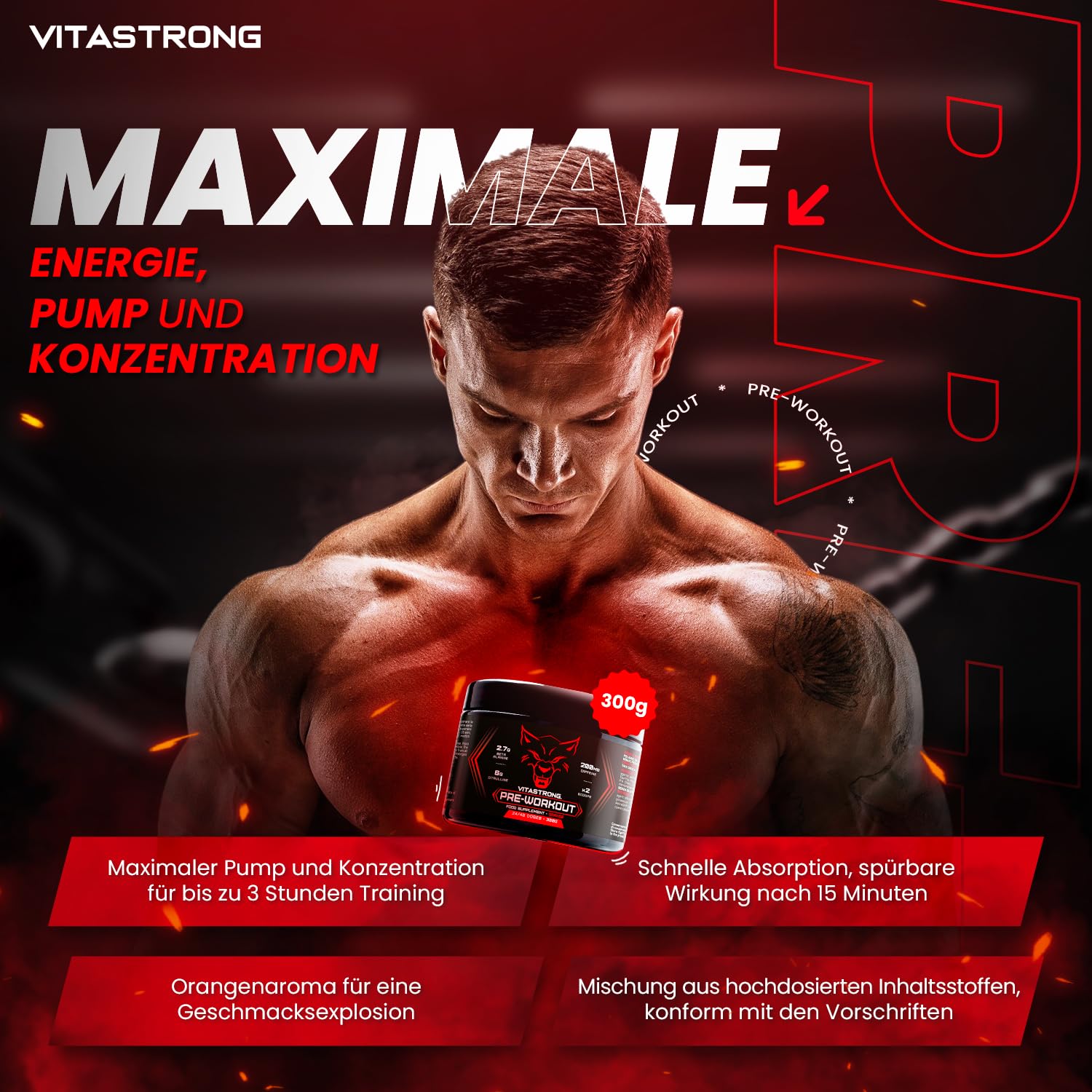 Pre Workout Booster mit Koffein 300g, Vegan Preworkout mit Vitamin B12, Citrullin, Beta-Alanin, Koffein Pulver, Taurin Pulver, AstraGin, Vitastrong Pre Workout (24 Portionen (1er-Packung), Orange)