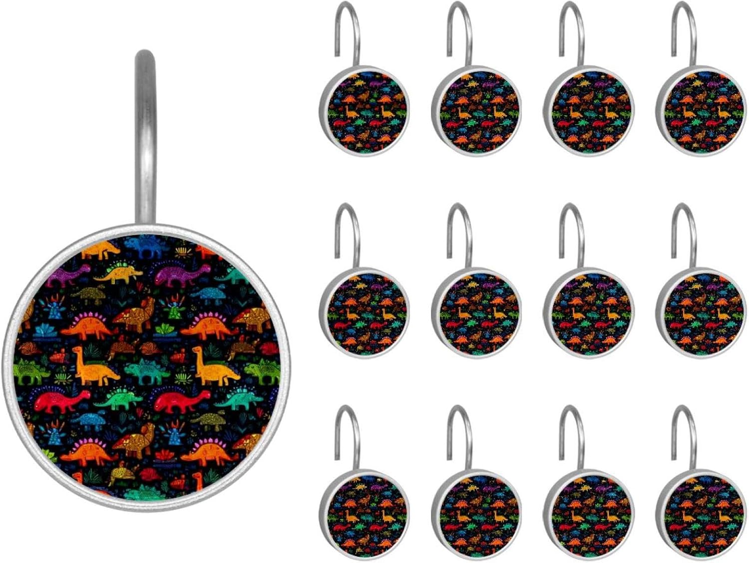Colorful Hand Drawn Dinosaur Pattern (4) Crystal Glass Shower Curtain Hooks Rings Decorative Bathroom Decor - Set of 12