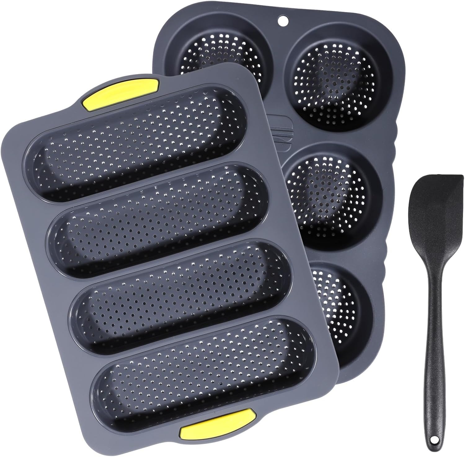 3-Pack Silicone Bread Pans for Hamburger Buns, Baguettes, & Loafs, 6-Cup Mold with Scraper for Homemade Sandwiches & More