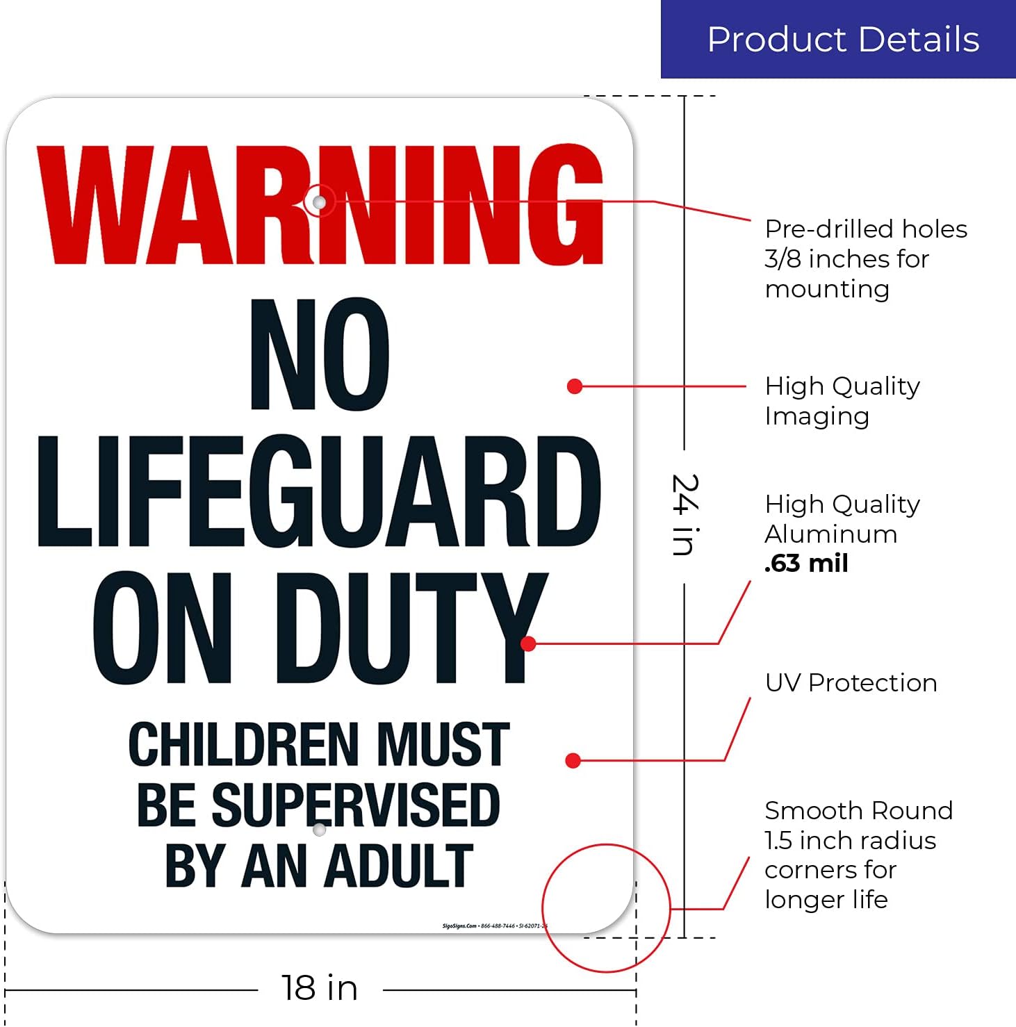Maine Warning No Lifeguard On Duty Sign, Complies with State of Maine Pool Safety Code, 18x24 Inches, Rust Free .063 Aluminum, Fade Resistant, Made in USA