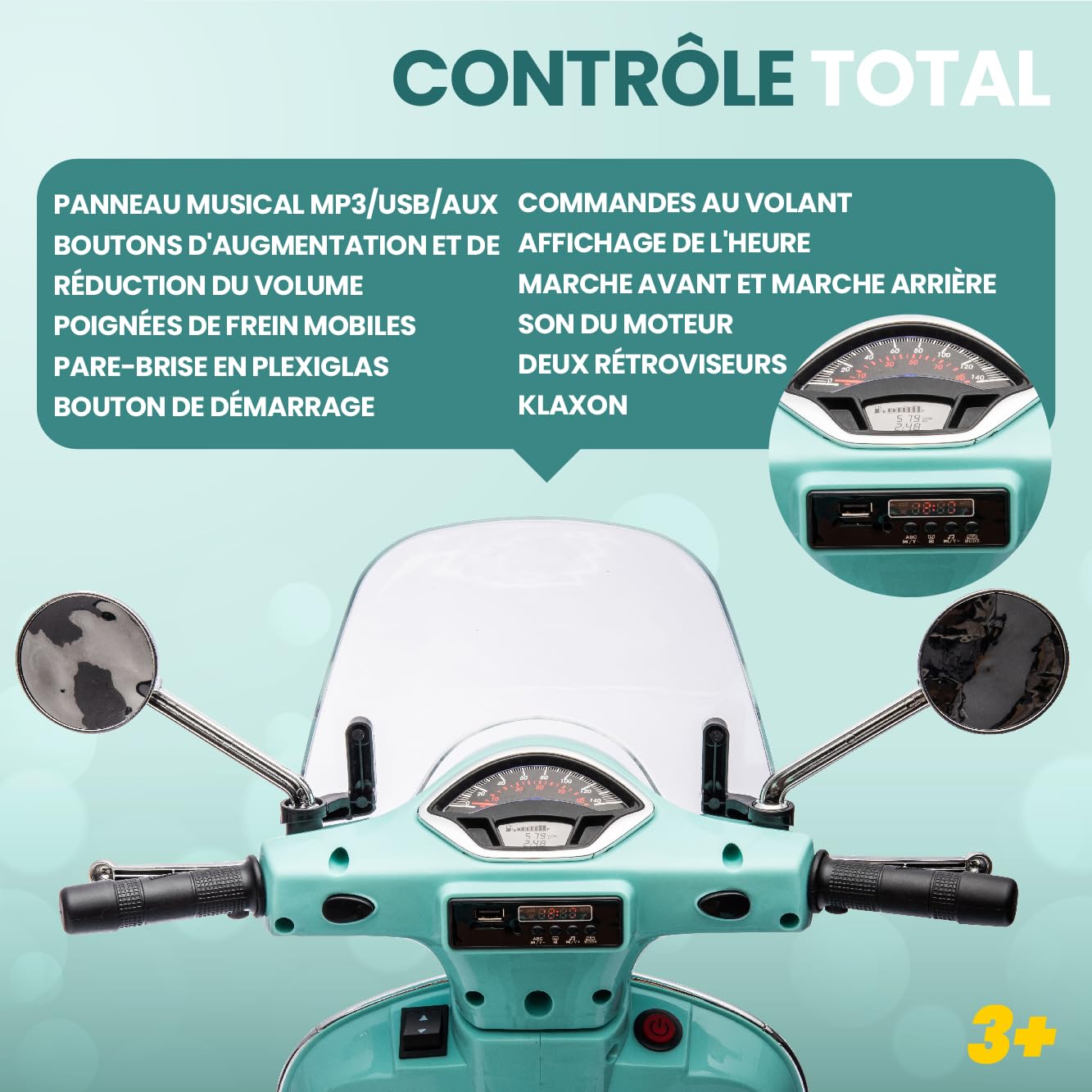 Vespa Scooter Moto électrique pour Enfants avec Roues et siège en Plastique, Coffre, Lecteur MP3, Prise AUX MicroSD USD (Turquoise)