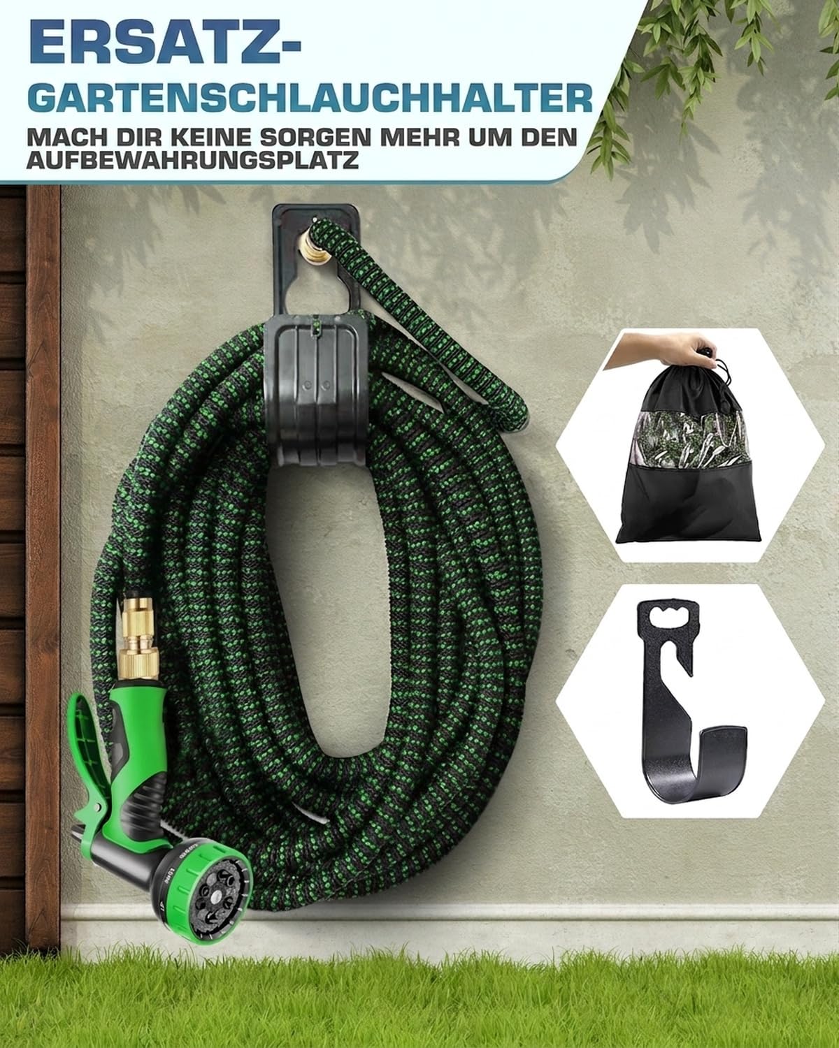 Bewässerungsschlauch 45 m Schwarz-Grün, Flexibler Gartenschlauch mit 3X-Ausdehnung, 3-Lagen-Latexkern, 3750D-Gewebe, Gartenbrause mit 10 Sprüharten