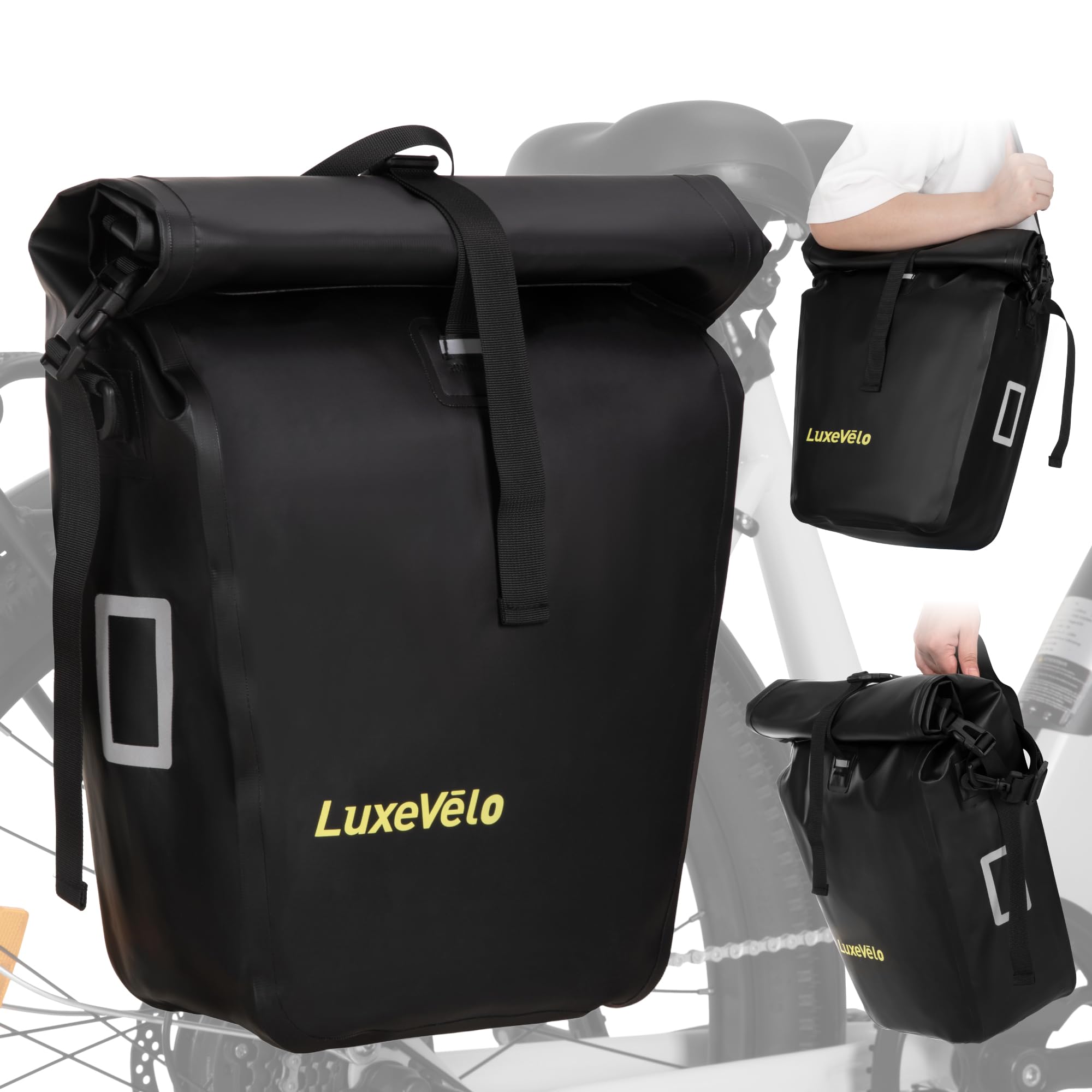 Bike Pannier, Waterproof 27L Pannier Bike Bag with Removable Shoulder Strap, Reflective Safety Design, Adjustable Clips Fit All Bike Racks, Bicycle Pannier for Cycling Commuting Travel