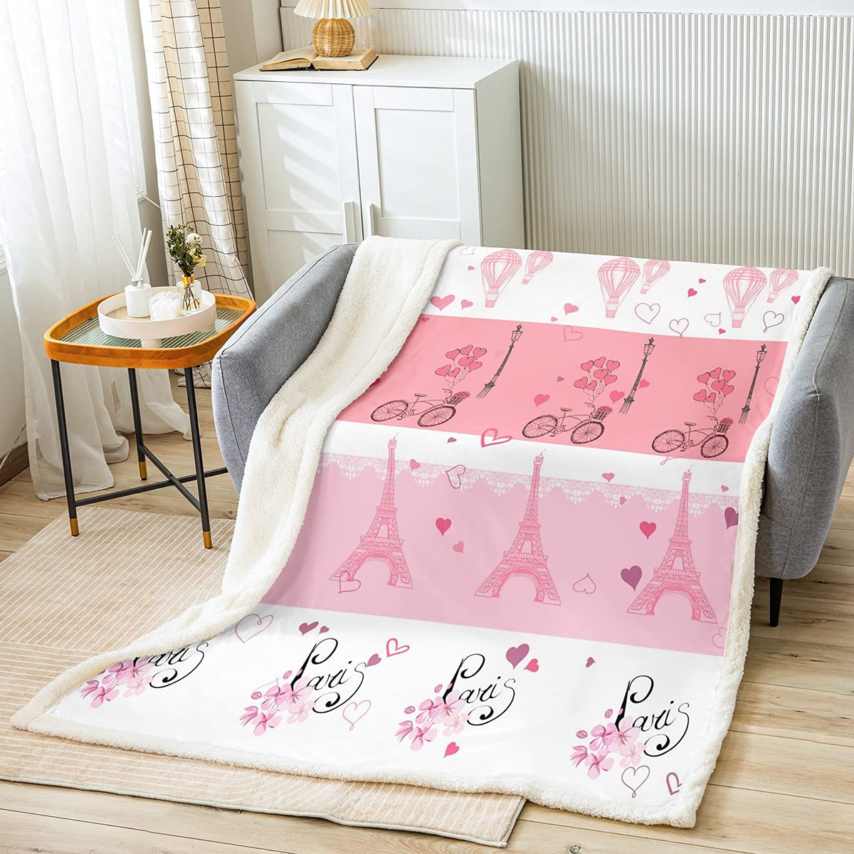 Loussiesd Eiffel Tower Fleece Throw Blanket Paris Cityscape Plush Blanket Modern Paris French Sherpa Blanket For Couple Lover Romantic Fuzzy Blanket for Sofa Bed, Ultra Soft Room Double 60x79 Inch