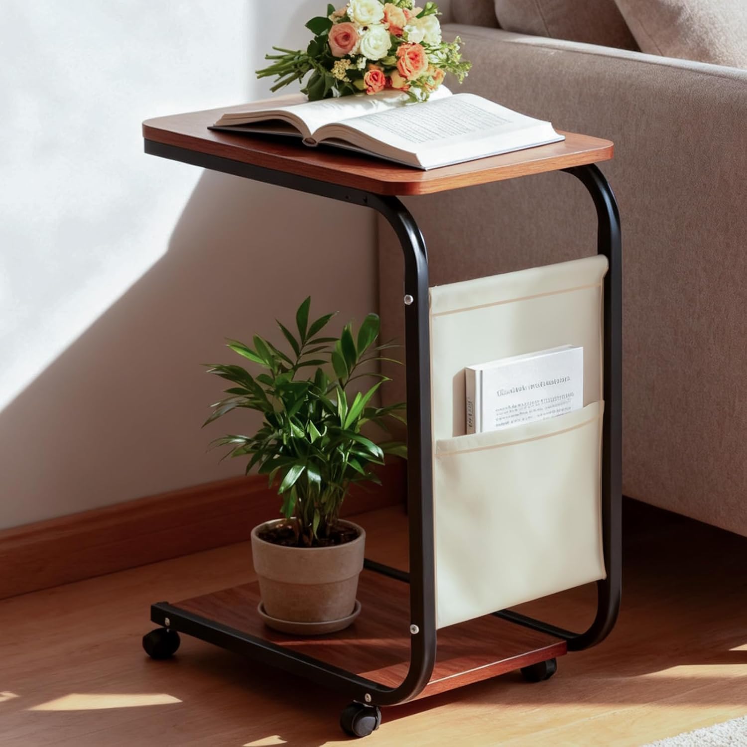 Dreamzie C Shaped End Table with Wheels, Small Side Table for Couch with Storage Bag, Couch Tables That Slide Under, TV Tray for Living Room, Bedroom, Home Office - Brown