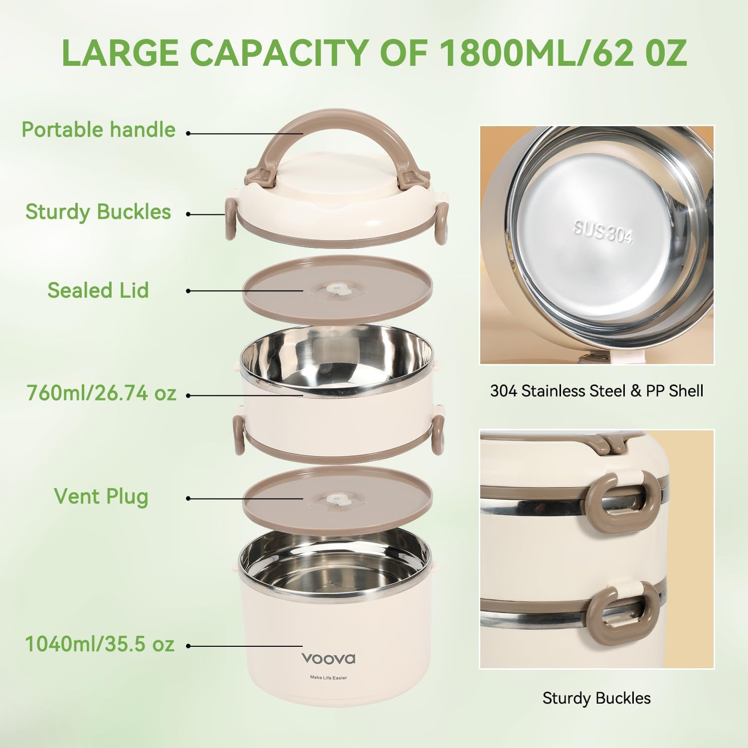 Voova Stackable Stainless Steel Thermal Lunch Box with Lunch Bag for Women Men Adult, 2 Tier Leakproof & Microwave Safe Insulated Bento Boxes Food Container for Work, Beige